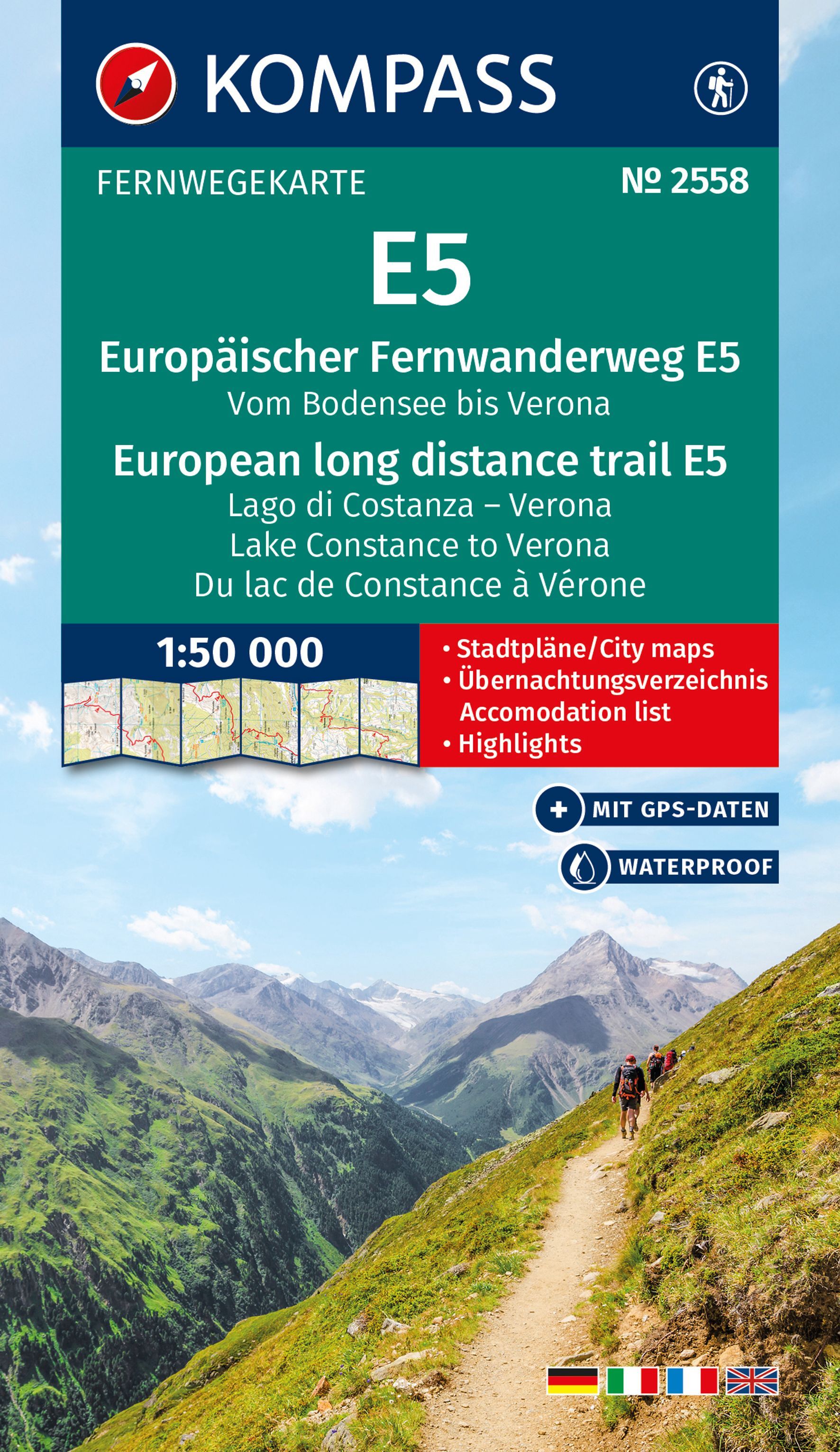 KOMPASS Wander-Tourenkarte Europ. Fernwanderweg E5 Werbung, Plakat, Pfad, Draußen, Wanderweg