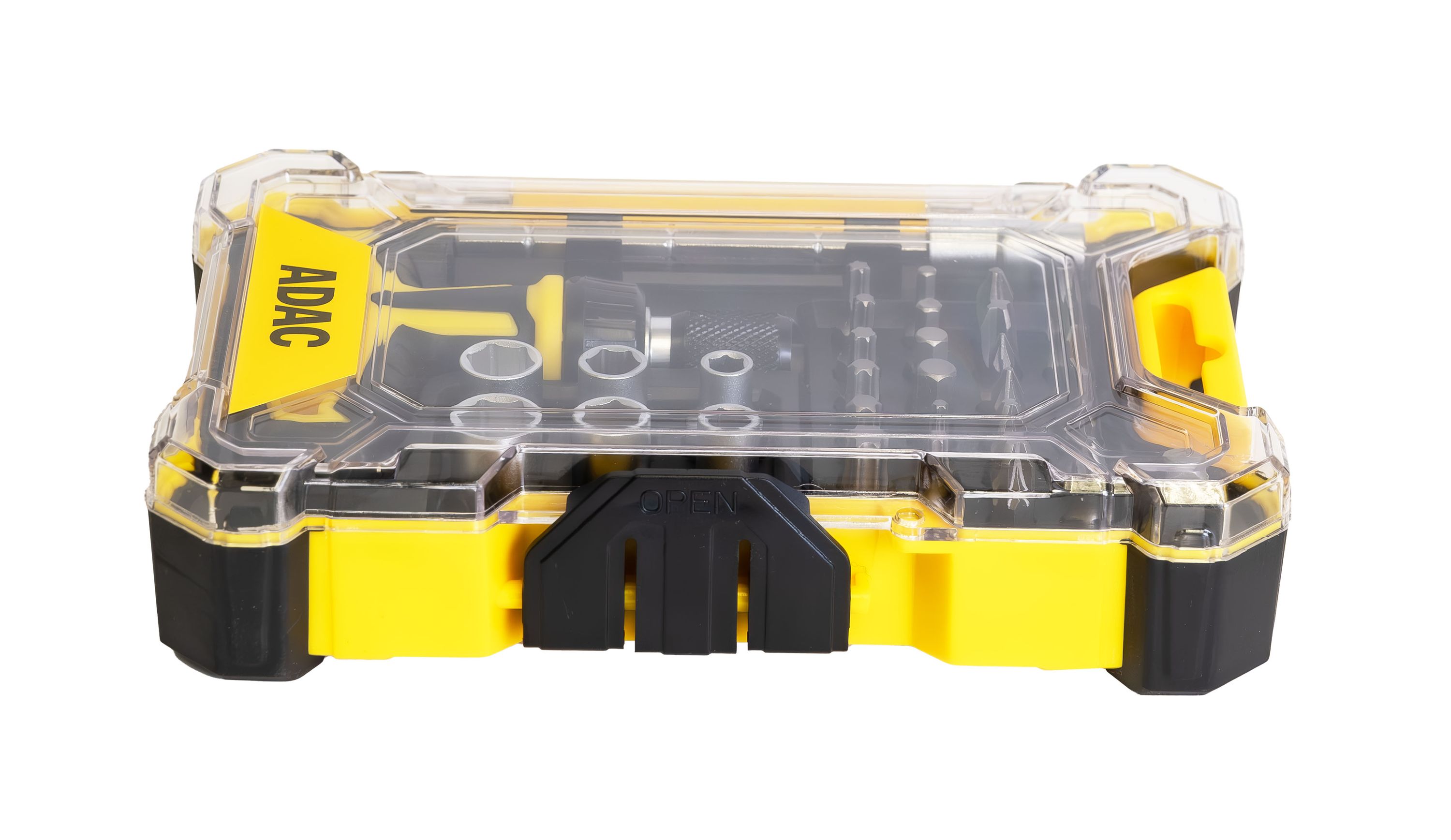 werkzeugkasten, werkzeugset, gelb, transparentdeckel, geöffnet