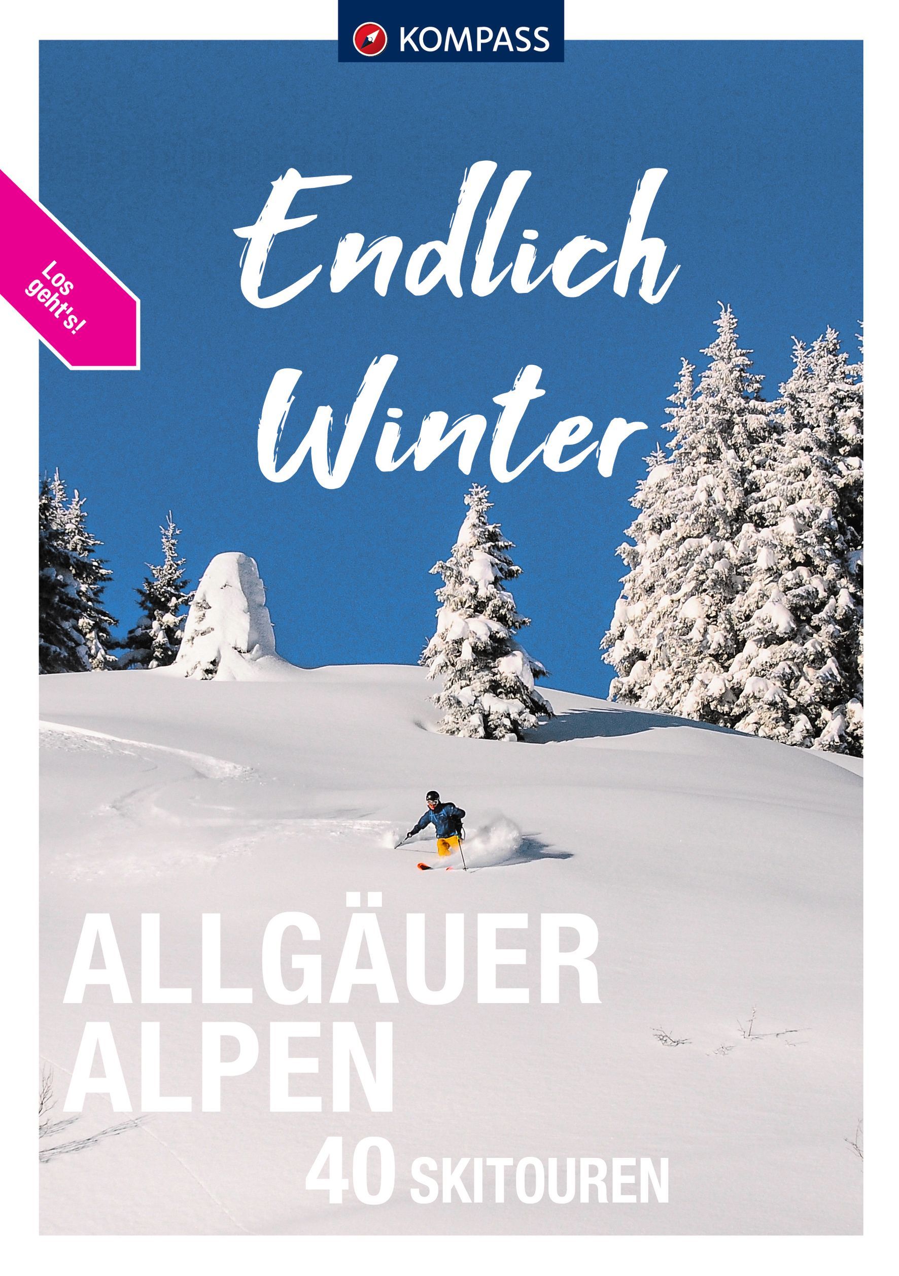 9783991213741 KOMPASS Endlich Winter - Allgäuer Alpen, Cover Ski Abfahrt mit Skifahrer und Bäumen im Hintergrund