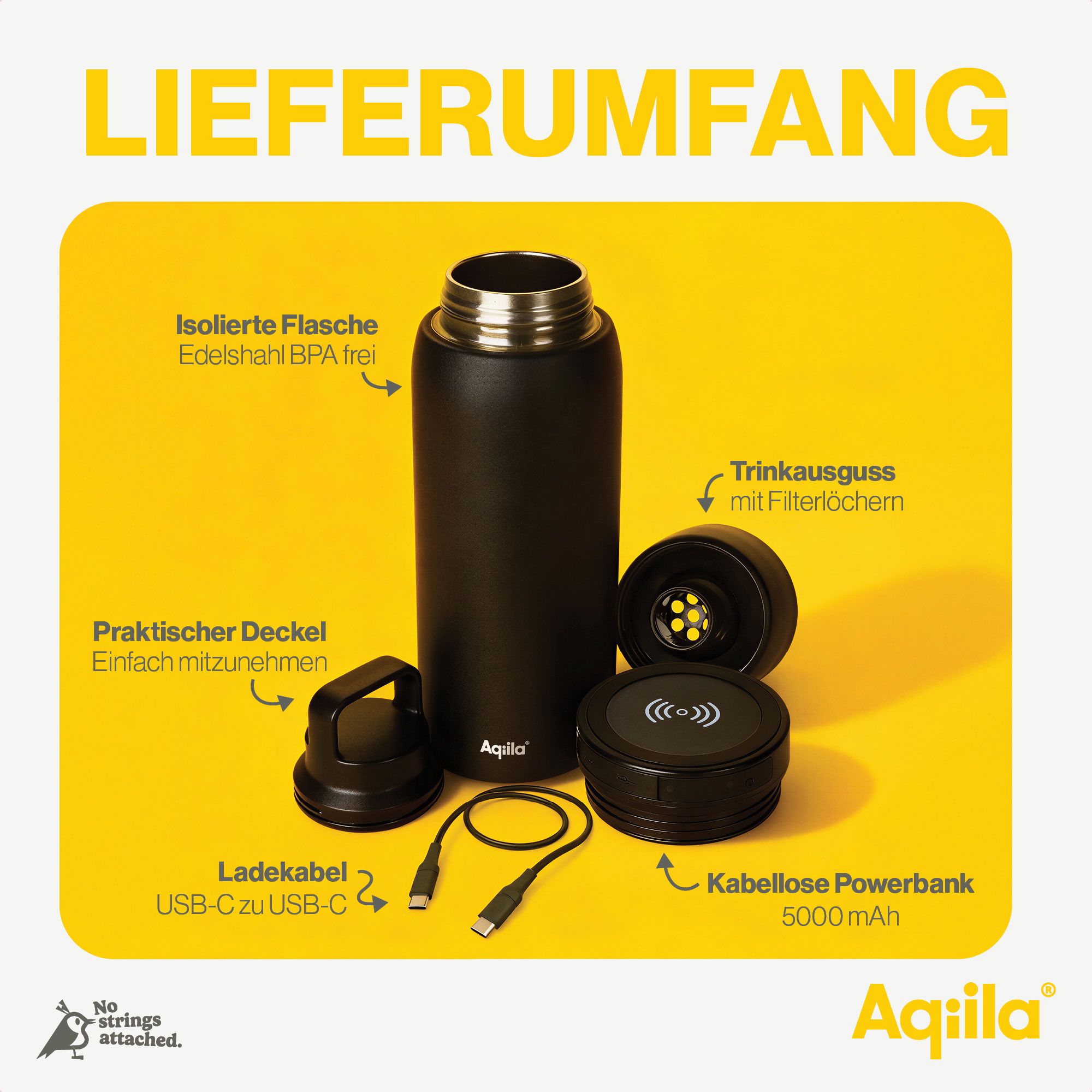 Thermosflasche, Isolierte Flasche, Trinkverschluss, Kabellose Powerbank, Kabellose Ladeplatte
