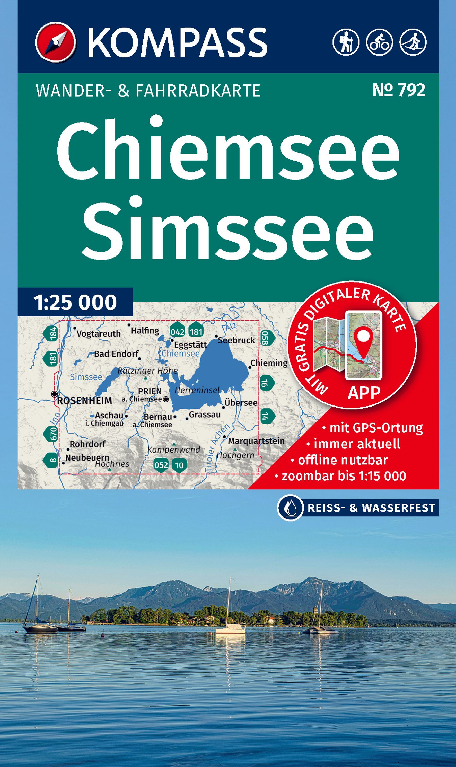 Wanderkarte, Chiemsee, Simsee, Gelb/Grün farbige Karte, App Kartenupdate