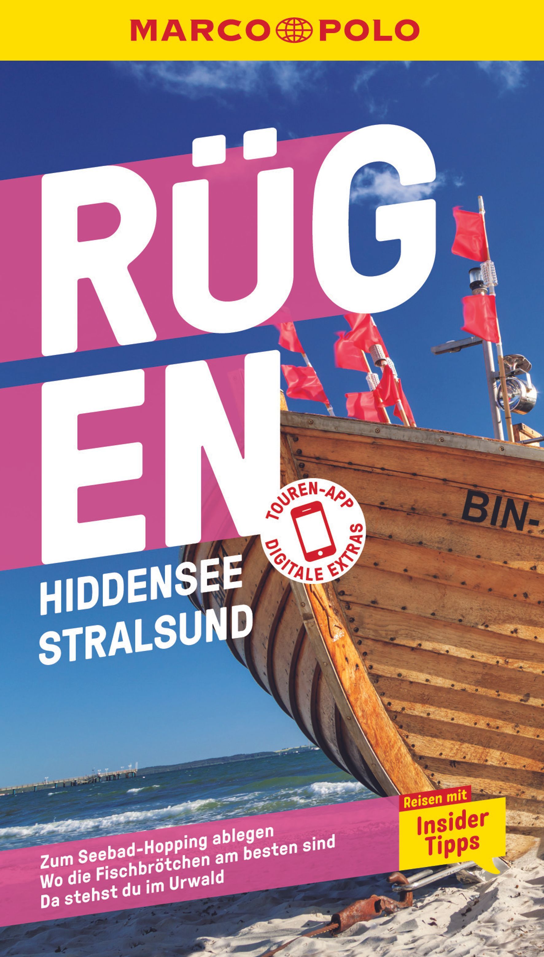 9783829729994 MARCO POLO Reiseführer Rügen, Hiddensee, Stralsund, Cover altes Boot am Strand mit Meer dahinter