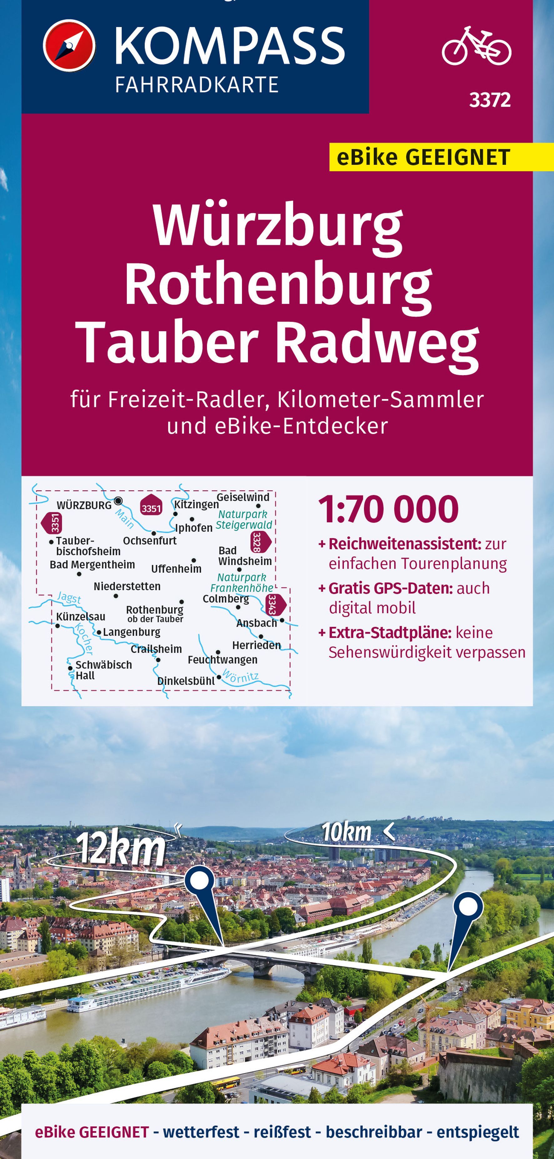 KOMPASS Fahrradkarte 3372 Würzburg, Rothenburg Werbung, Plakat