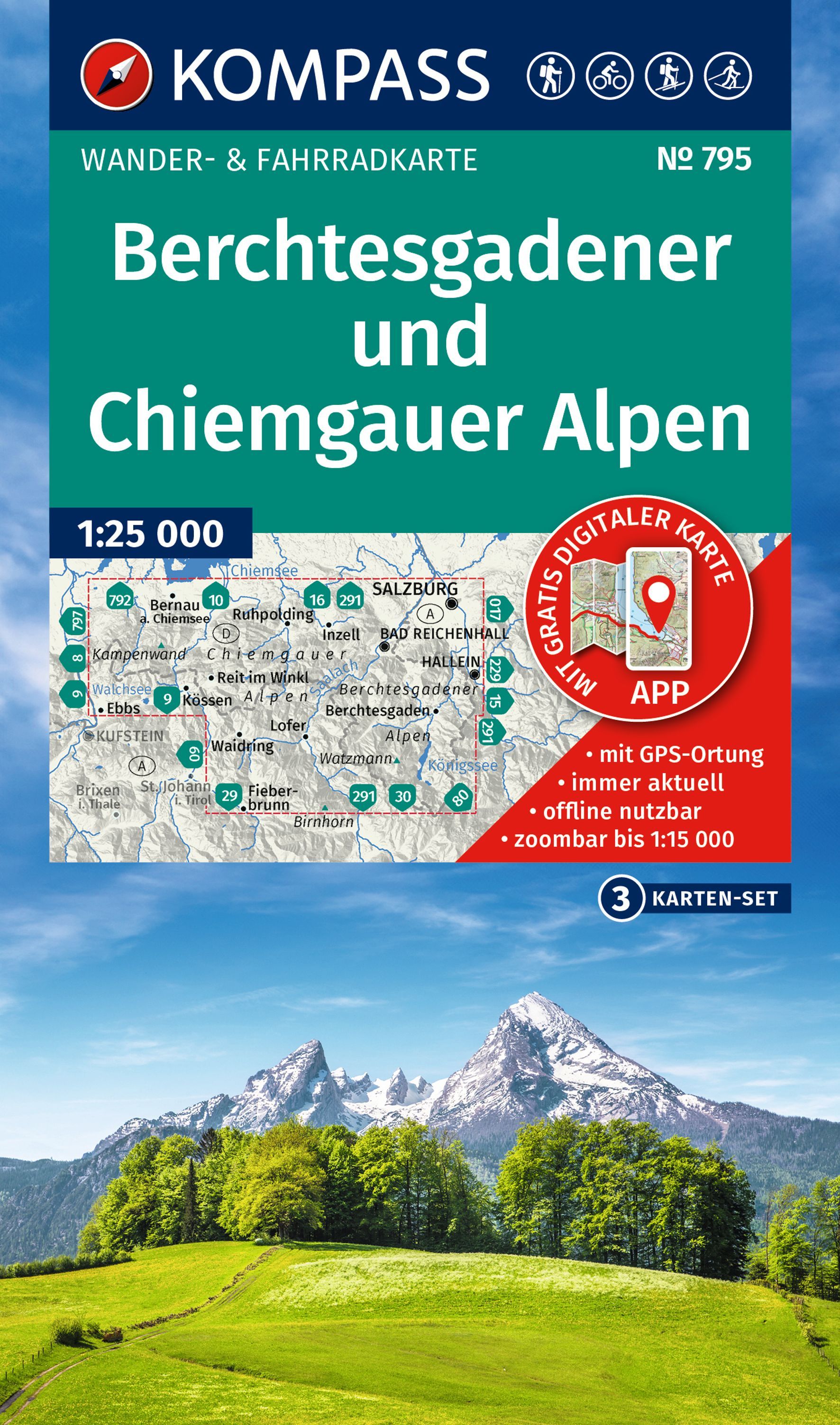 KOMPASS Wanderkarten-Set 795 Berchtesgadener Alpen Werbung, Plakat, Gras, Natur, Gipfel