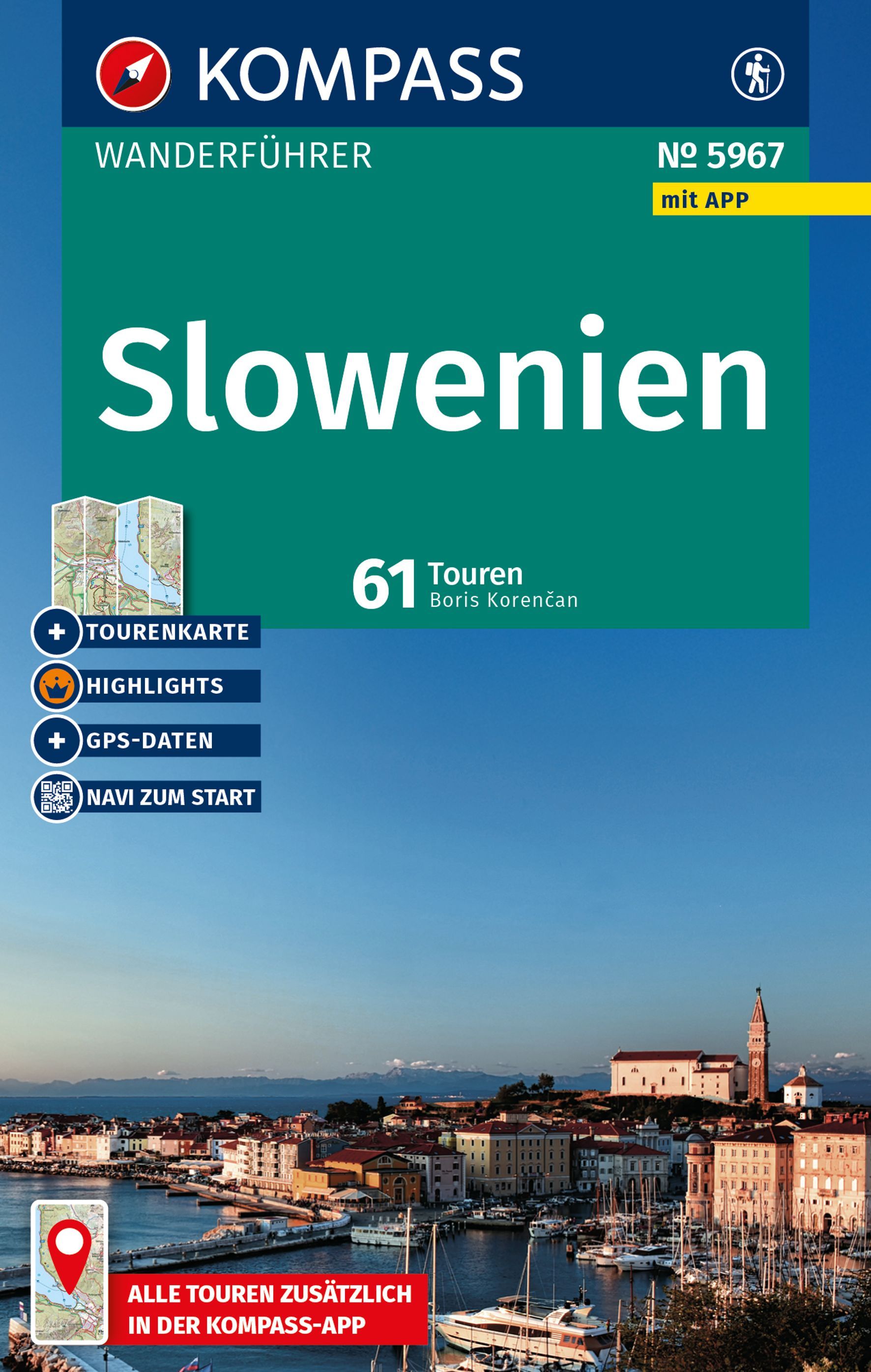 KOMPASS Wanderführer Slowenien, 61 Touren Werbung, Plakat, Uferpromenade, Stadt, Hafen