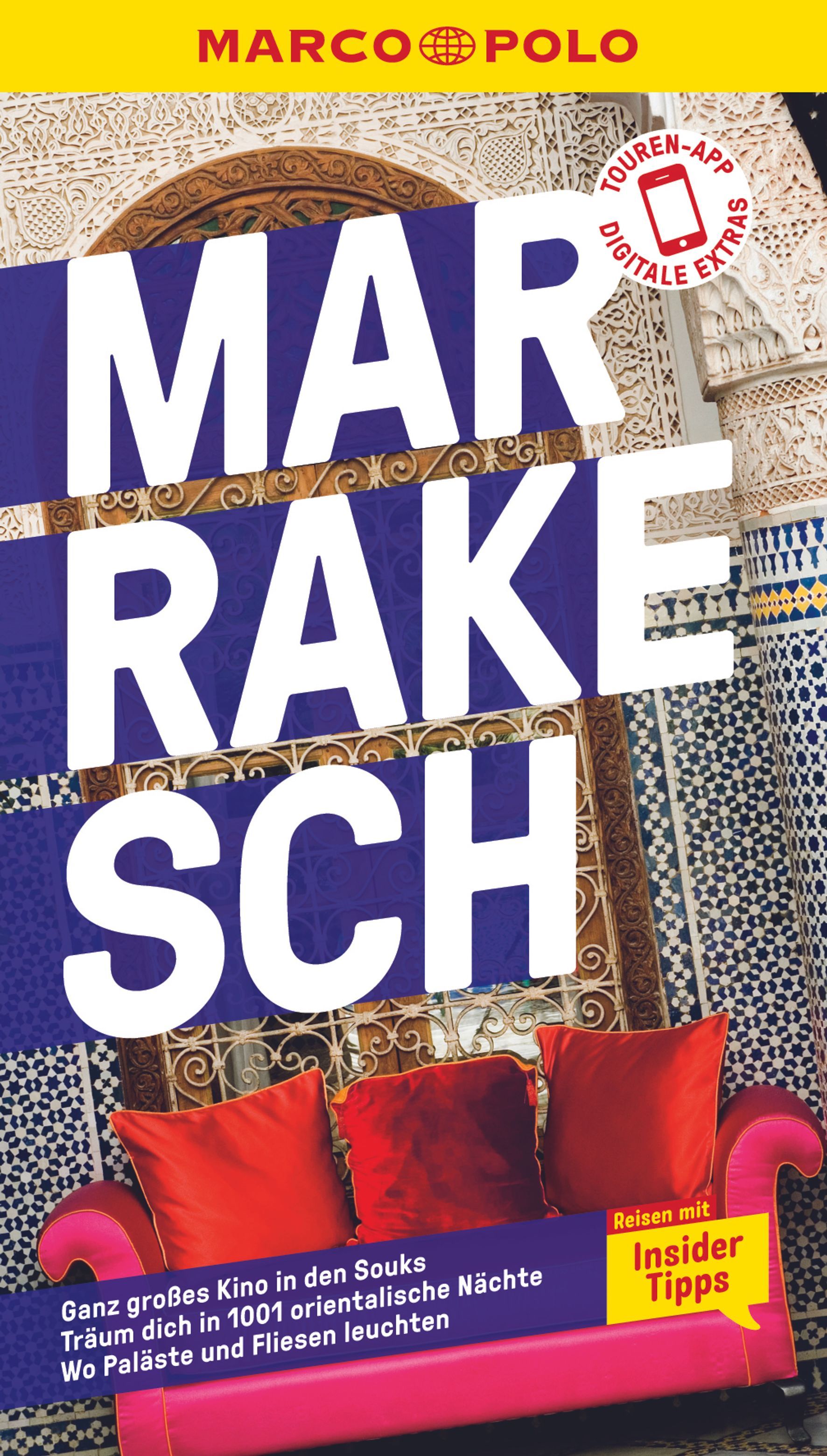 9783829729970 MARCO POLO Reiseführer Marrakesch, Cover rotes Sofa vor arabischer Häuserwand