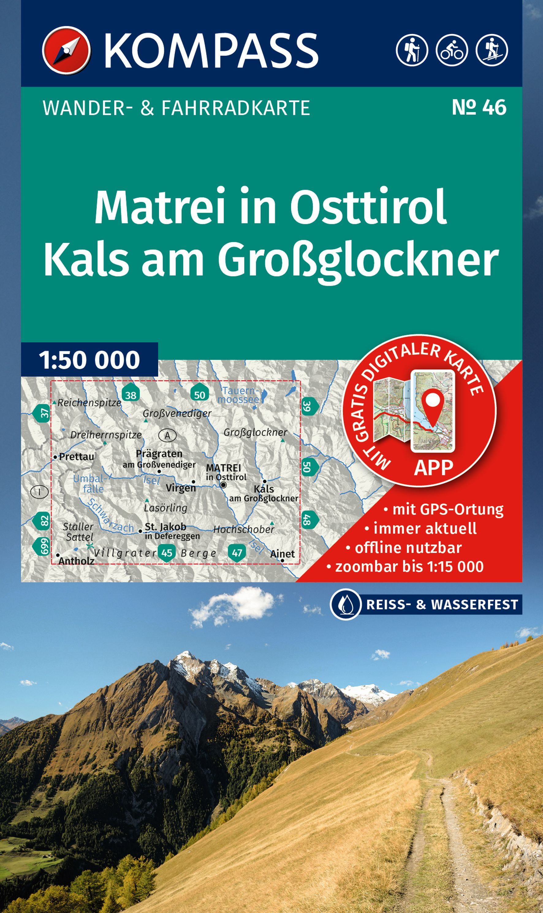 KOMPASS Wanderkarte 46 Matrei in Osttirol Werbung, Plakat, Draußen, Gipfel, Steigung