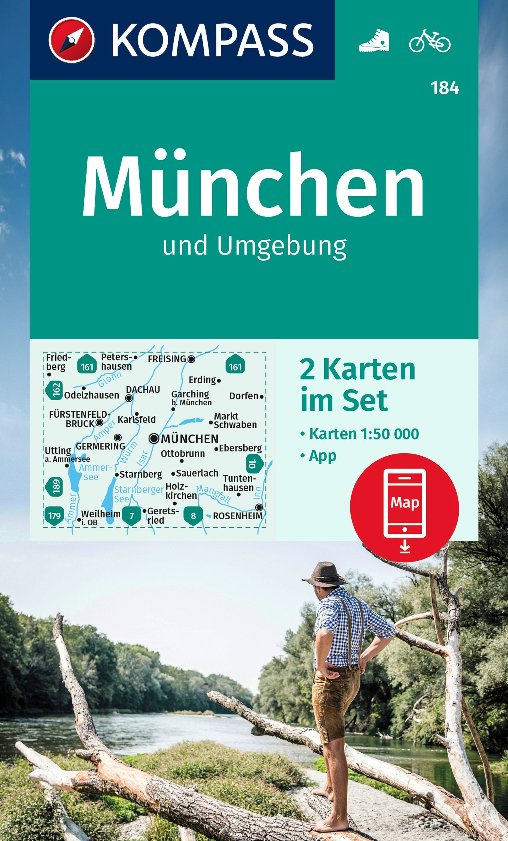 9783991216407 KOMPASS Wanderkarte München und Umgebung, Cover Mann steht vor Fluss