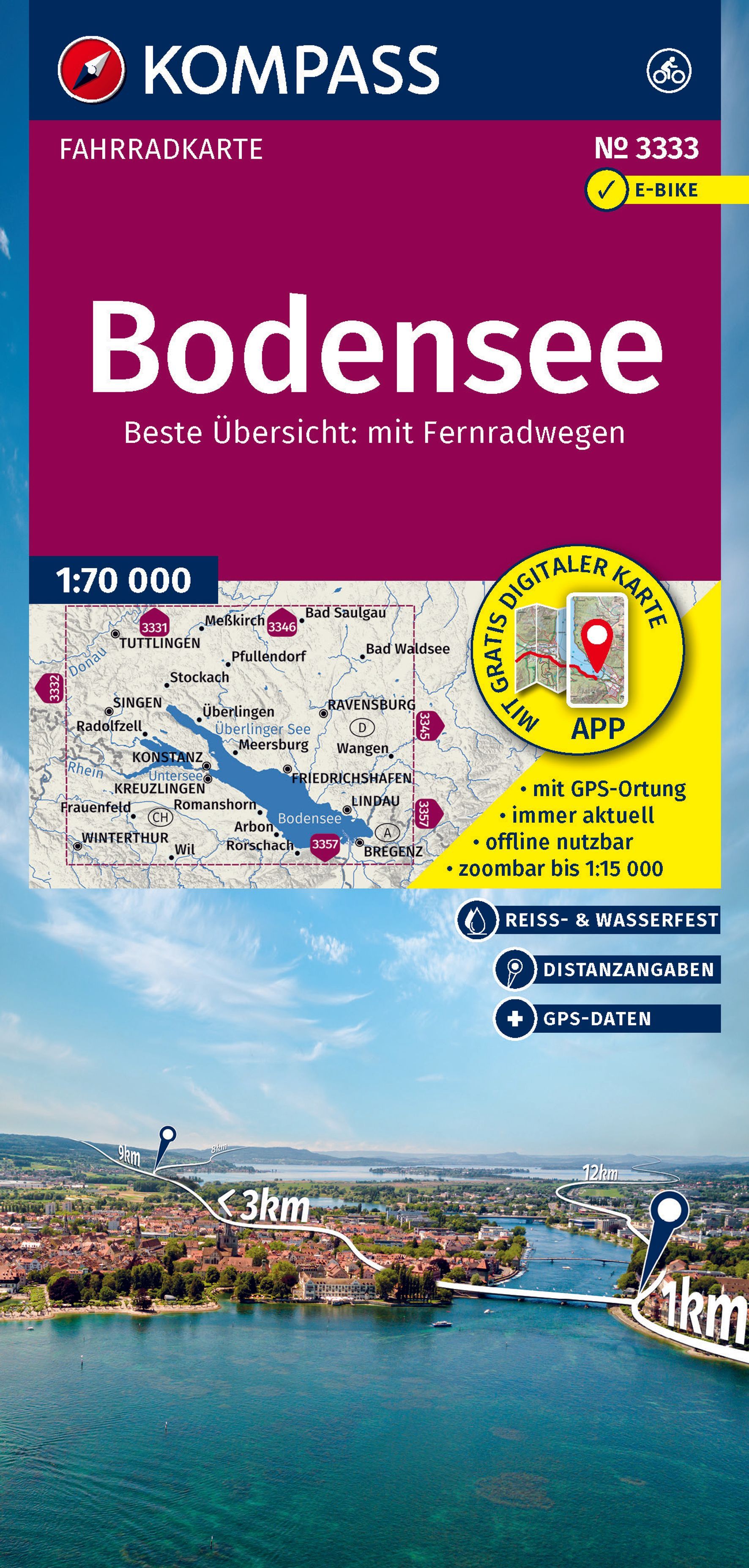 KOMPASS Fahrradkarte 3333 Bodensee 1:70.000 Werbung, Plakat, Draußen, Meer, Wasser