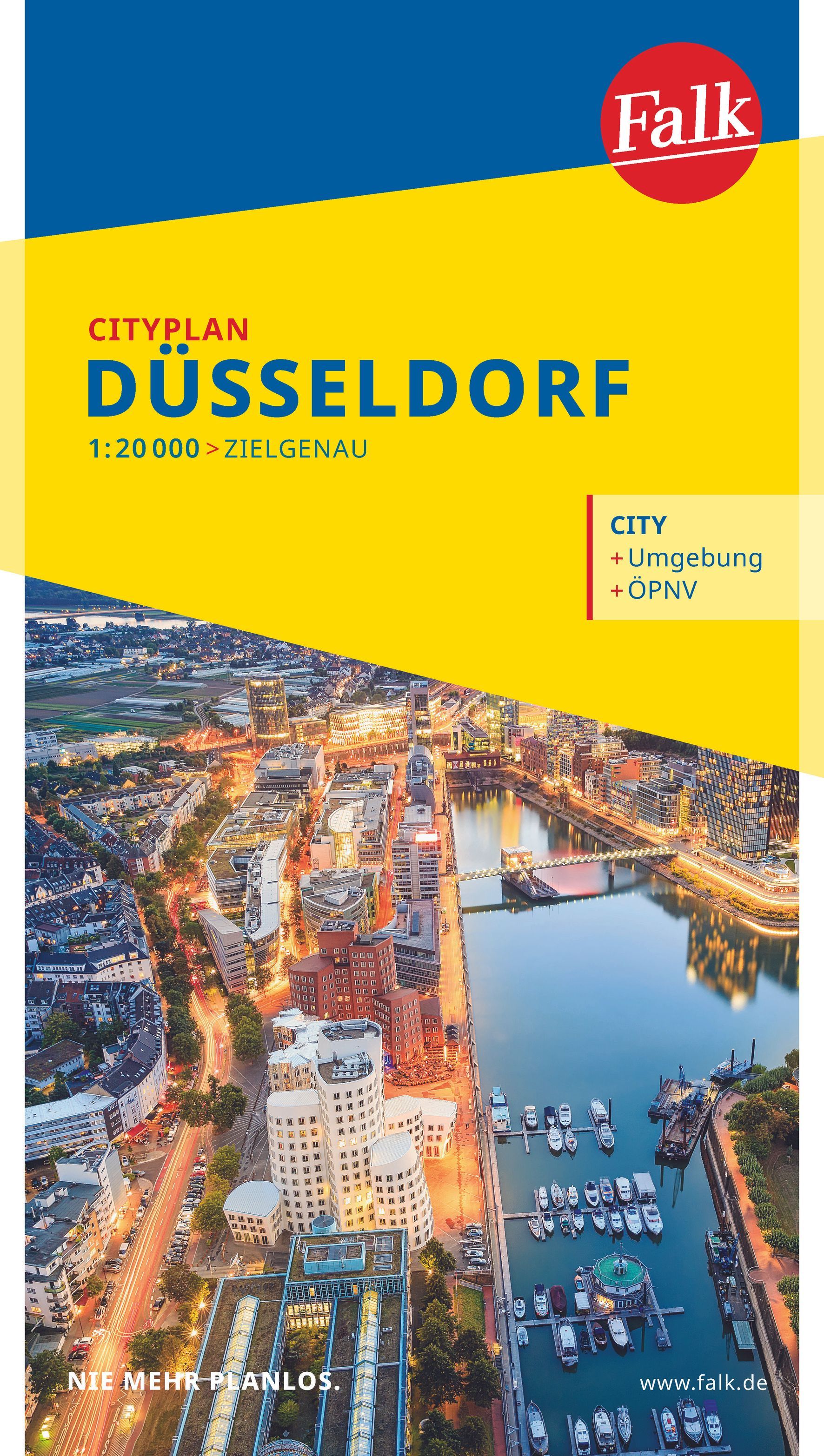 9783827900272 Falk Cityplan Düsseldorf, Cover Blick von oben auf die Innenstadt mit Rhein