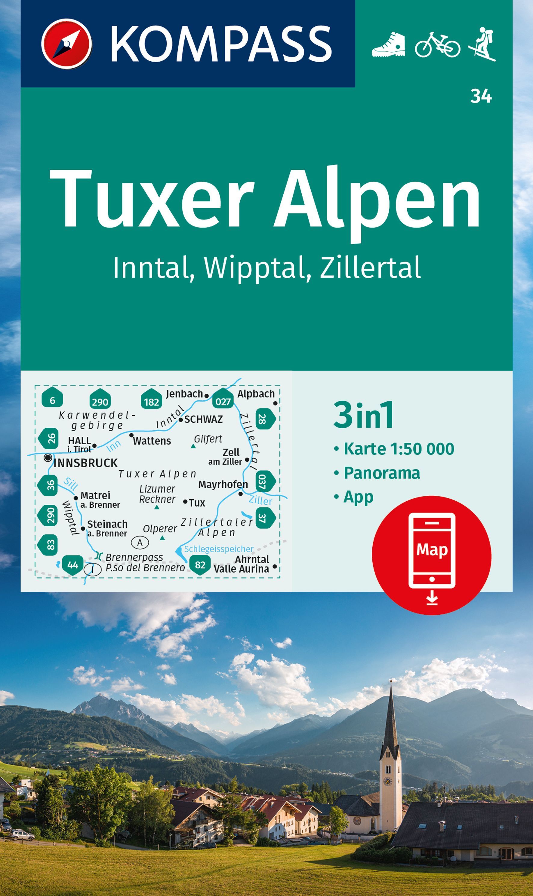 9783991217442 Cover Kompass Wanderkarte Tuxer Alpen. Inntal, Wipptal, Zillertal