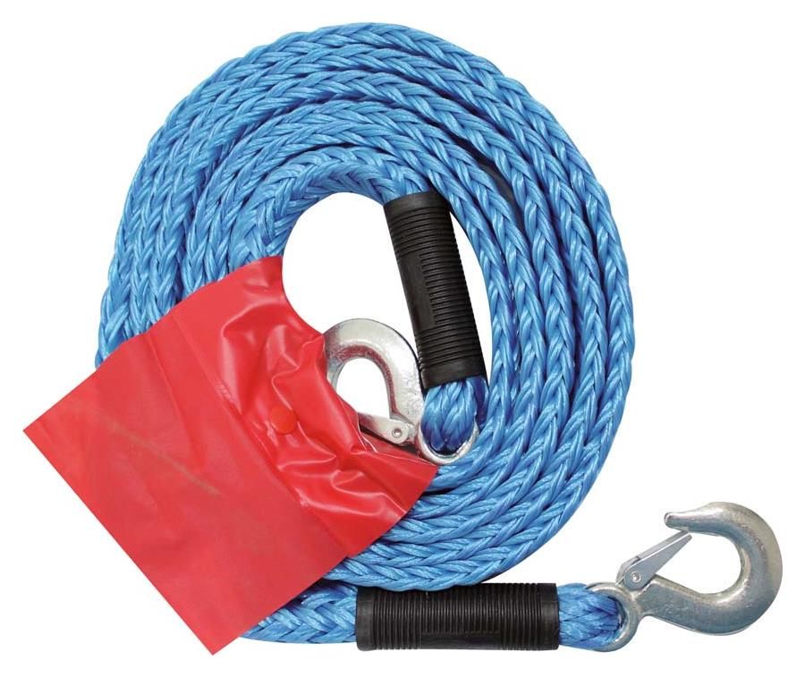 Abschleppseil 3000 kg mit Warnflagge Blaues Abschleppseil mit roter Warnflagge zusammengerollt mit 2 Karabinerhaken
