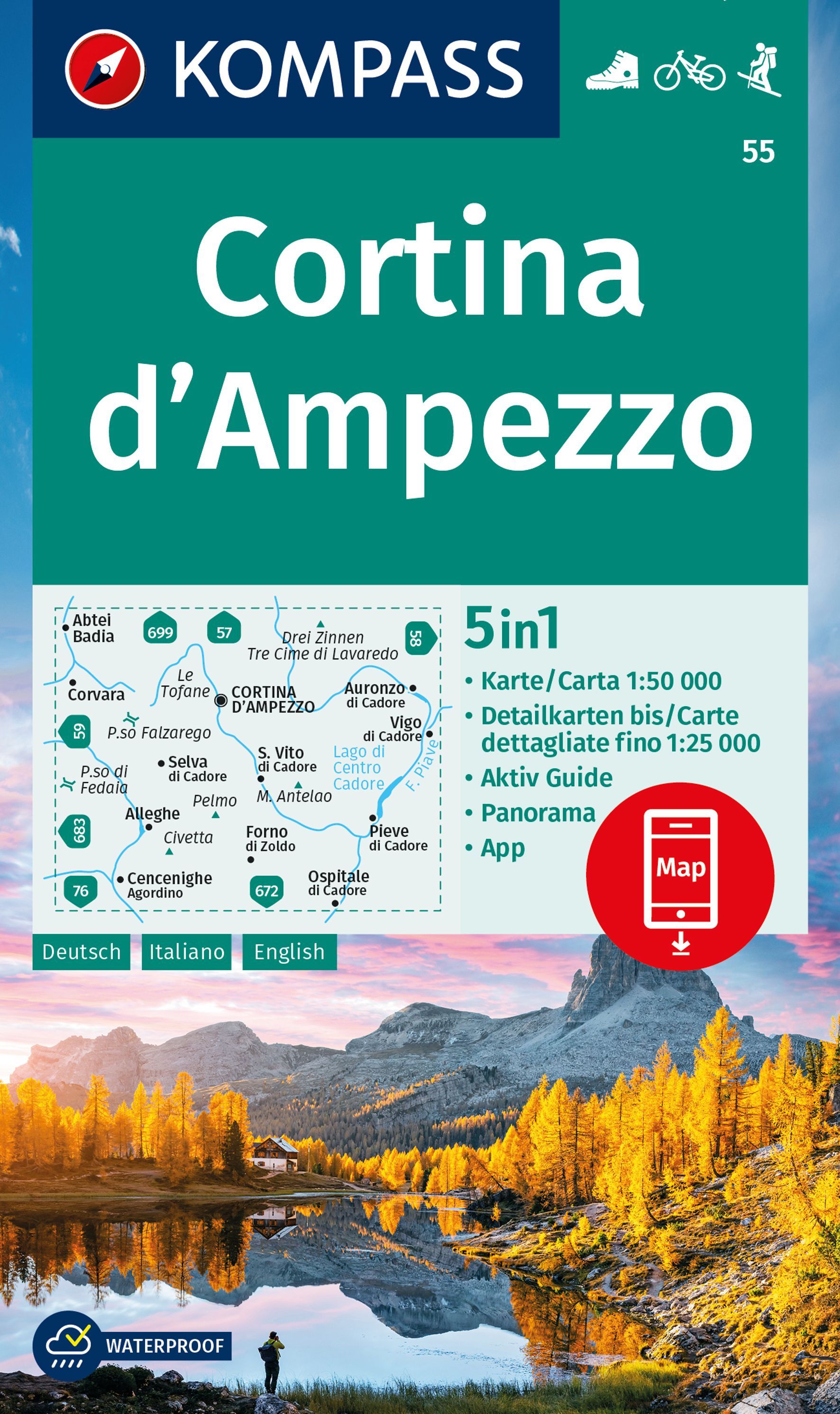 9783991215929 KOMPASS Wanderkarte Cortina d'Ampezzo, Cover See mit Berglandschaft