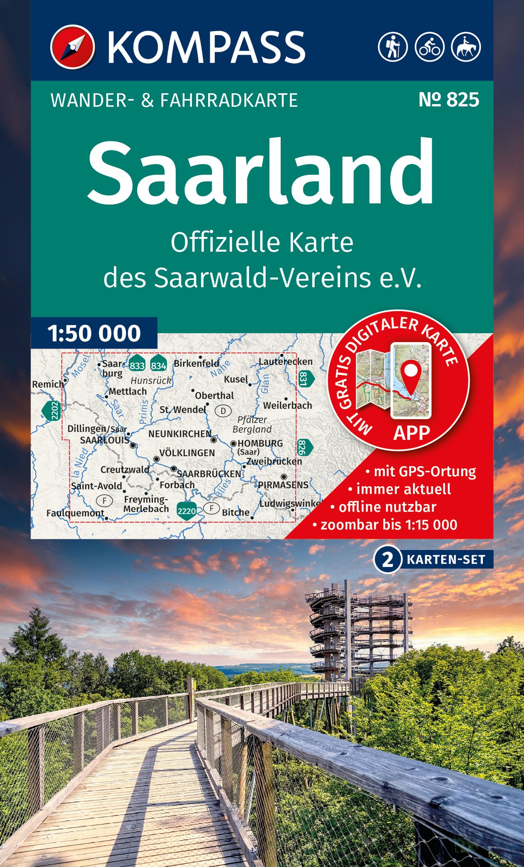 KOMPASS Wanderkarten-Set 825 Saarland Werbung, Plakat, Pfad, Uferpromenade