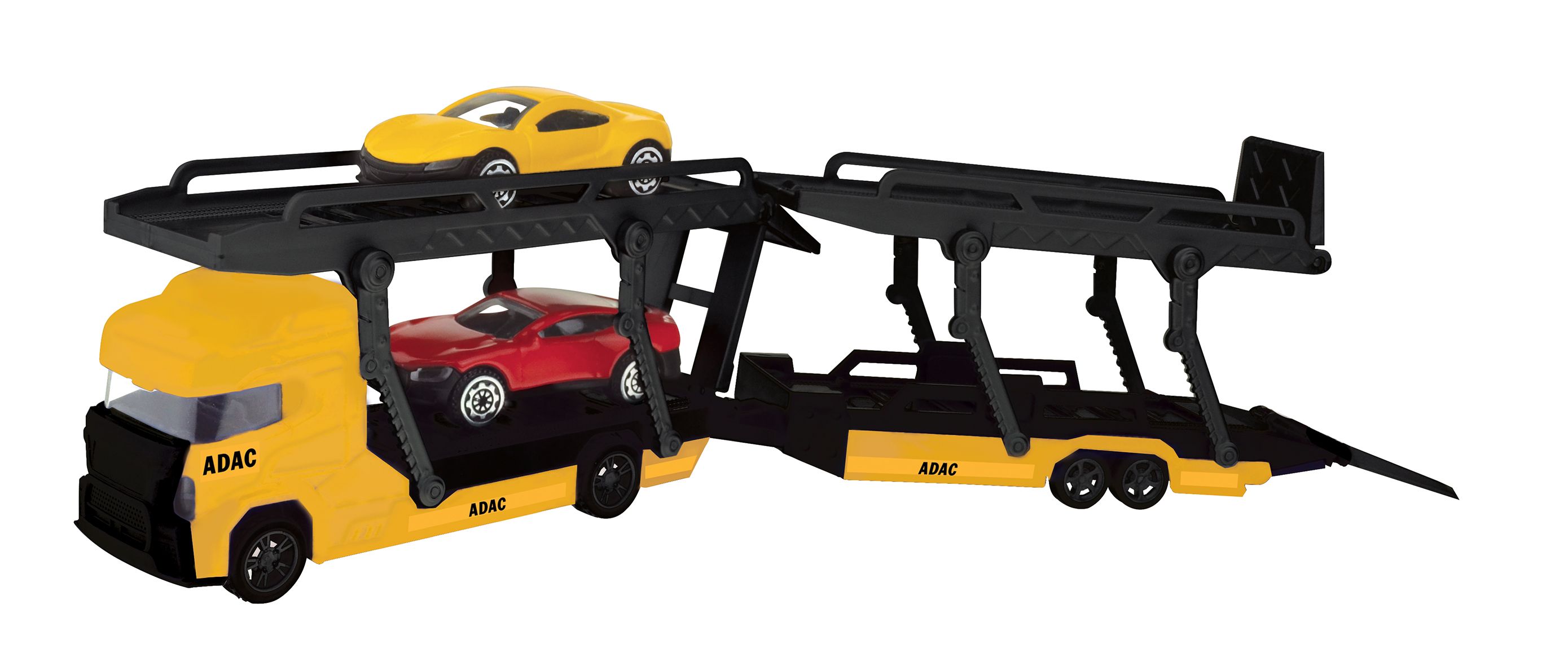 ADAC, Spielzeug-Autotransporter, gelb, schwarz, zwei Autos, Ladefläche, Anhänger, kindgerecht, realistisch.