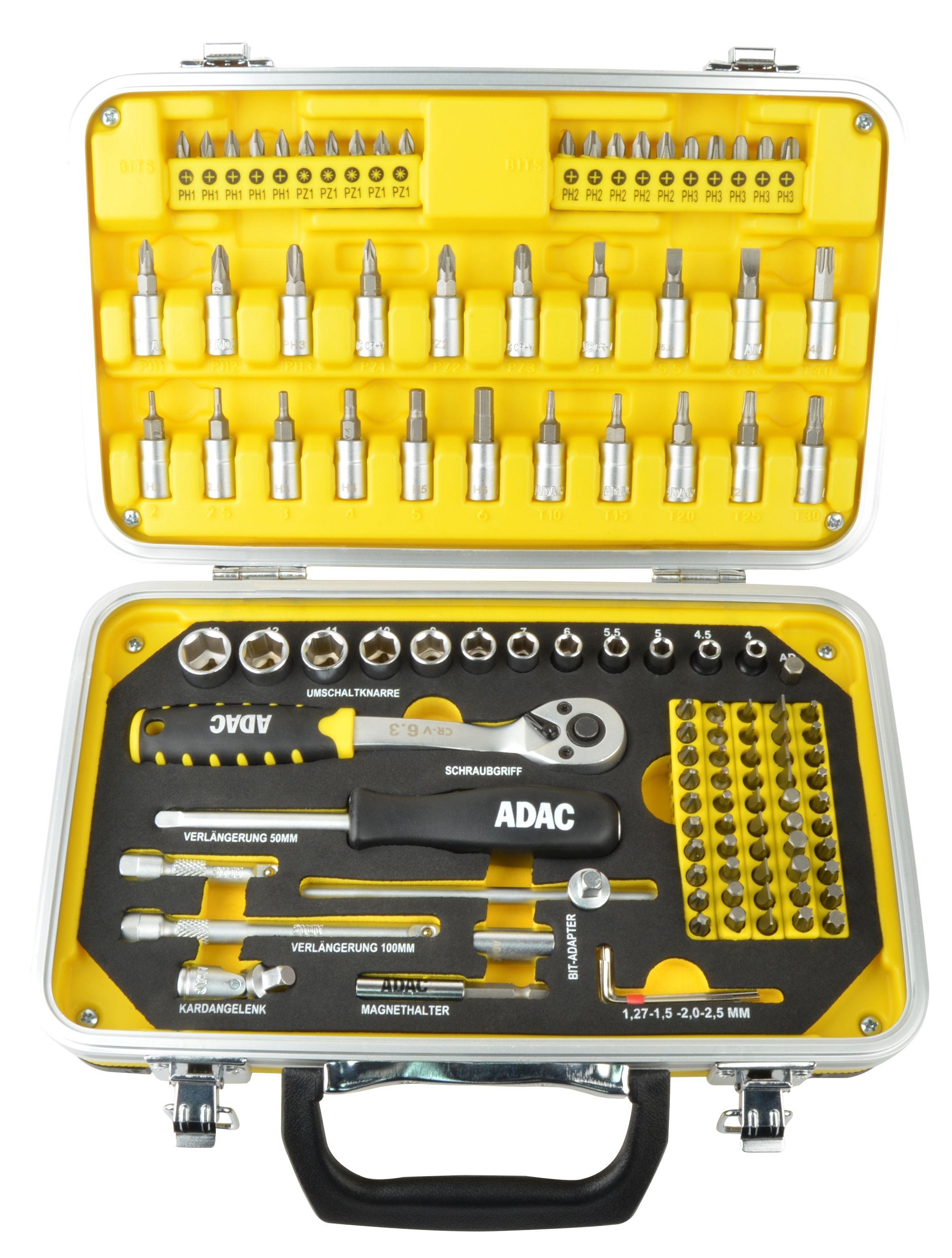 M98416-ADAC-Steckschlusselkasten-Motiv-3 ADAC Mannesmann Steckschlüsselkasten gelb mit schwarzem Logo, geöffnet mit gesamten Inhalt