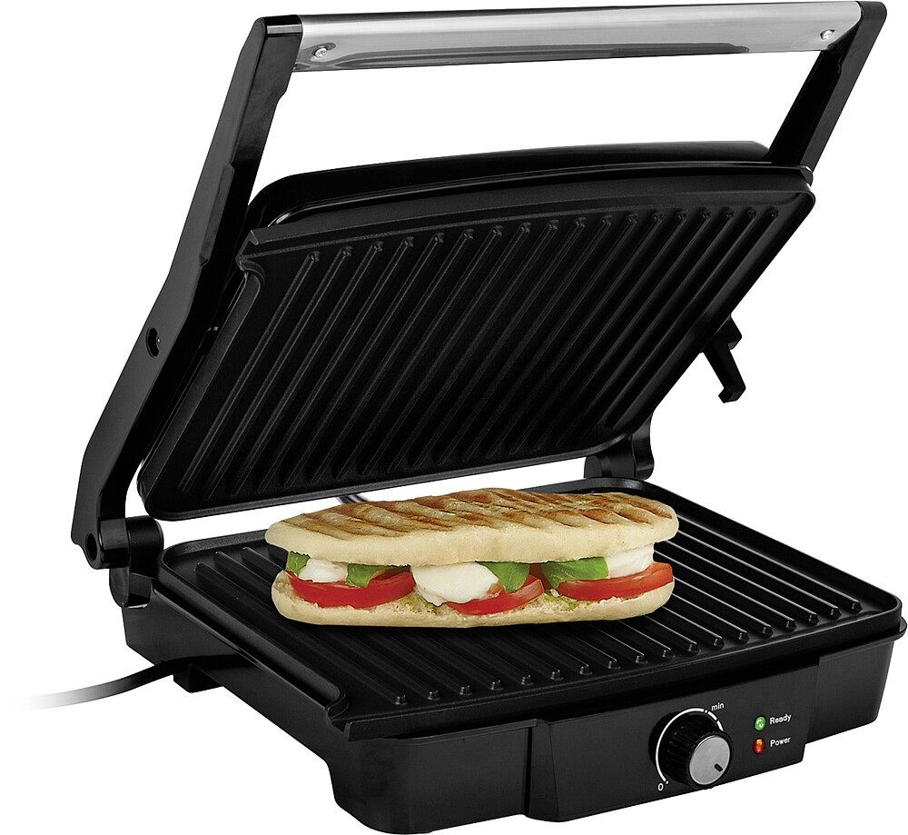 996116511 Kontaktgrill Tristar, geöffnet mit einem Panini als Beispiel auf der Grillfläche