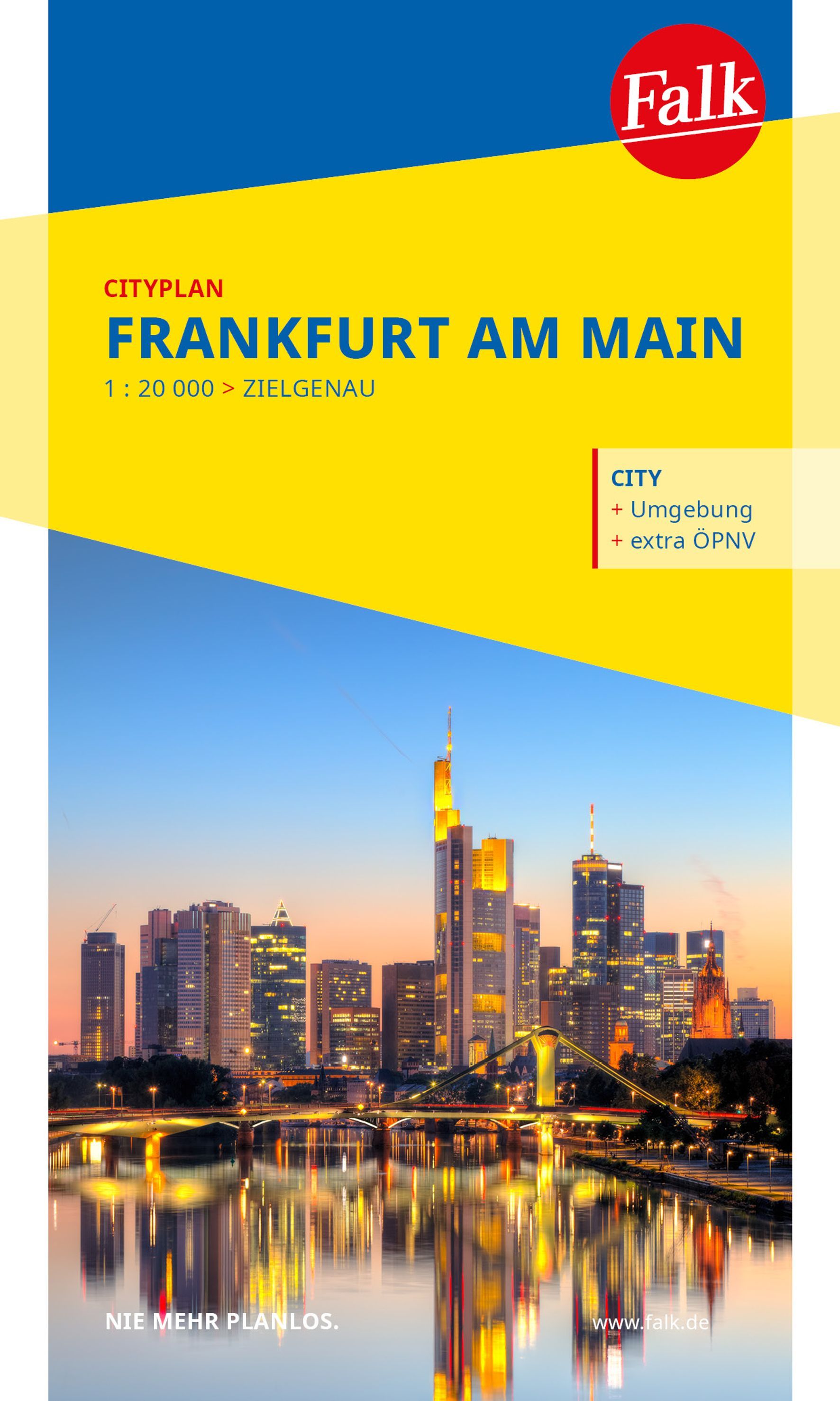 Falk Cityplan Frankfurt 1:20.000 Cover Falk Cityplan Frankfurt am Main. Skyline im Abendrot
