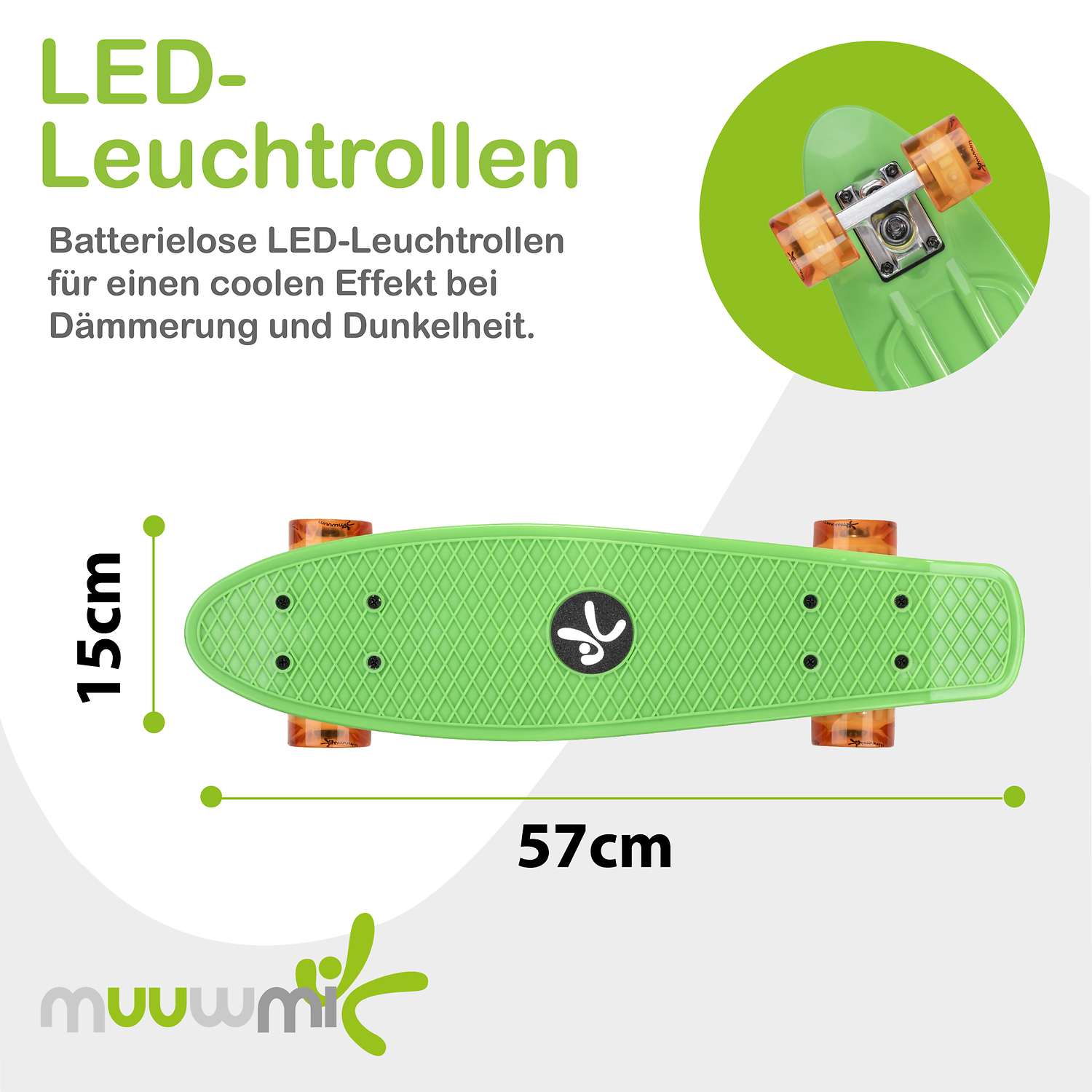 muuwmi Skateboard ABEC 5 Fun m. Leuchtrollen - Grün