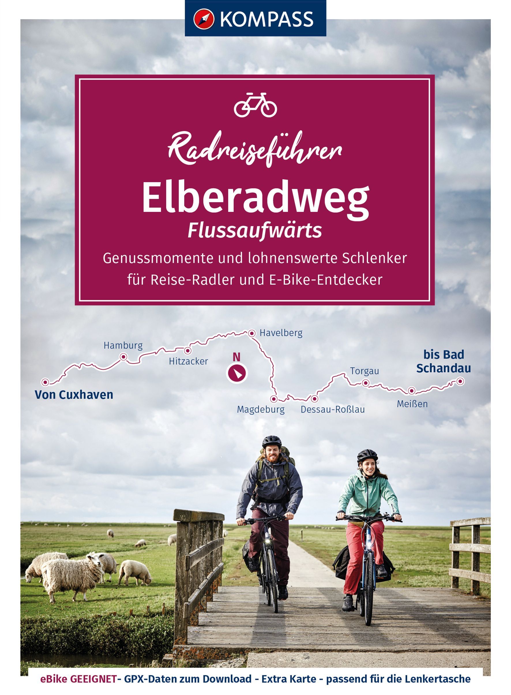 9783991214229 KOMPASS RadReiseFührer Erlebnis Elberadweg, Cover 2 Fahrradfahrer auf kleiner Brücke