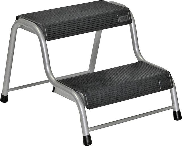 Trittleiter, zweistufig, Metallrahmen, schwarze Stufen, anti-rutsch Füße