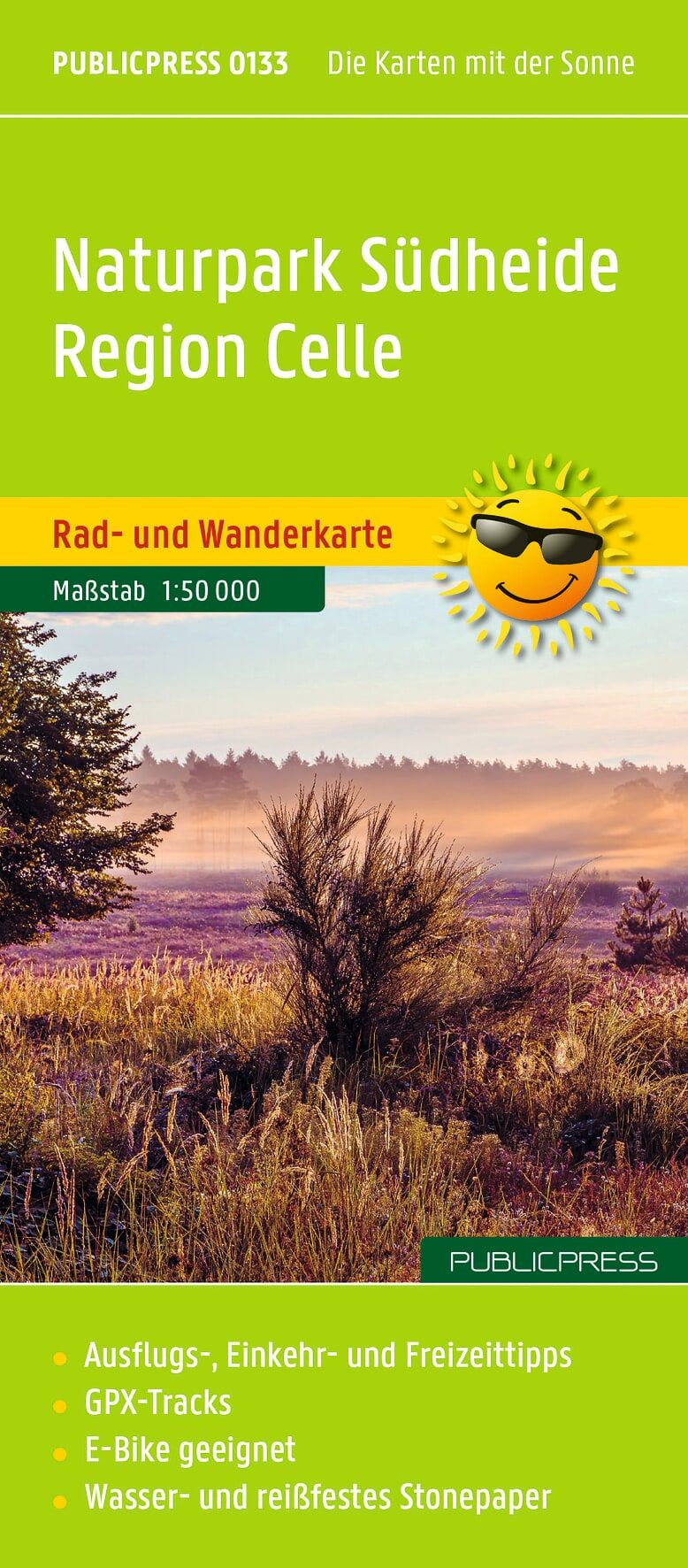 Naturpark Südheide, Region Celle, Rad- und Wanderkarte, Maßstab 1:50 000, Stonepaper Oberfläche