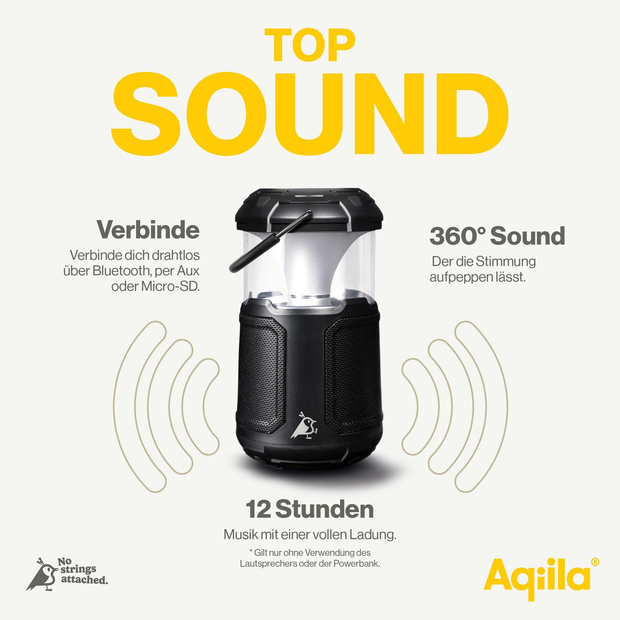 tragbare-Lampe, Bluetooth-Lautsprecher, 360° Sound, 12 Stunden, Akila-Lampe