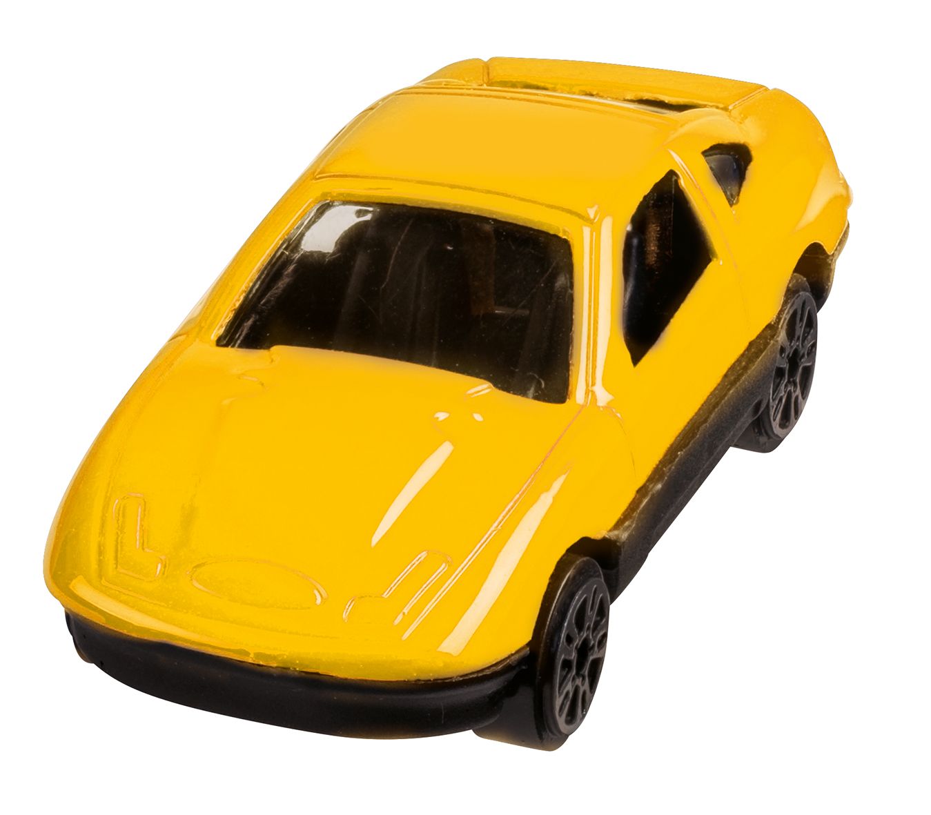 Spielzeugauto, gelb, Modellauto, kindgerecht, realistisch, schwarz, Räder, Detailansicht.