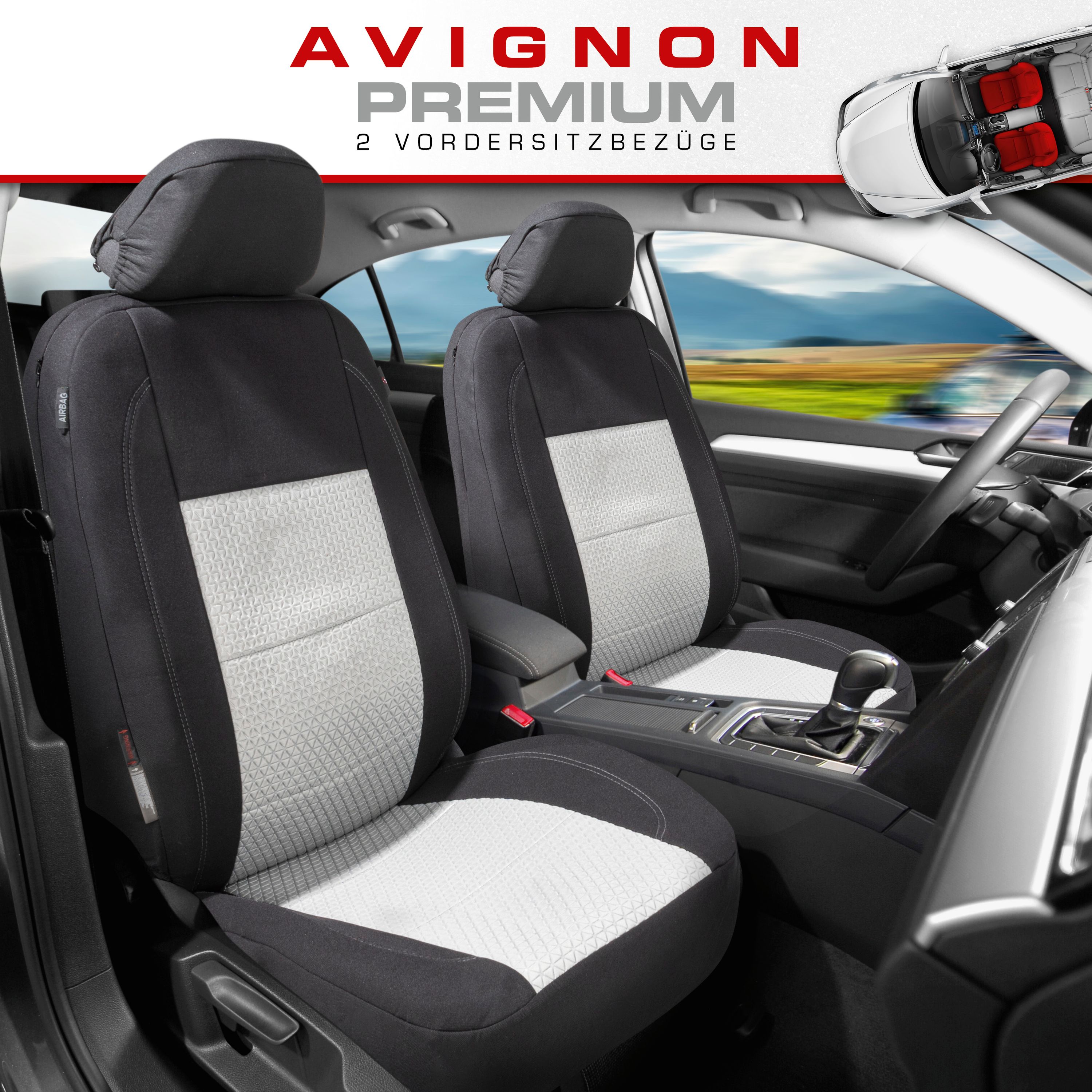 Autositze vorne, mit Autositzbezug schwarz, weiß