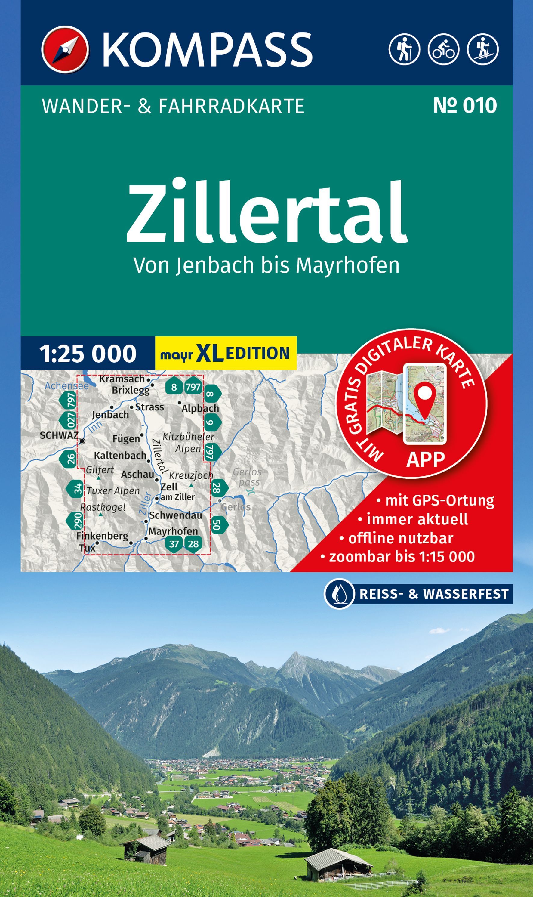 KOMPASS Wanderkarte Zillertal - Jenbach-Mayrhofen Werbung, Plakat, Gebäude, Draußen, Gipfel