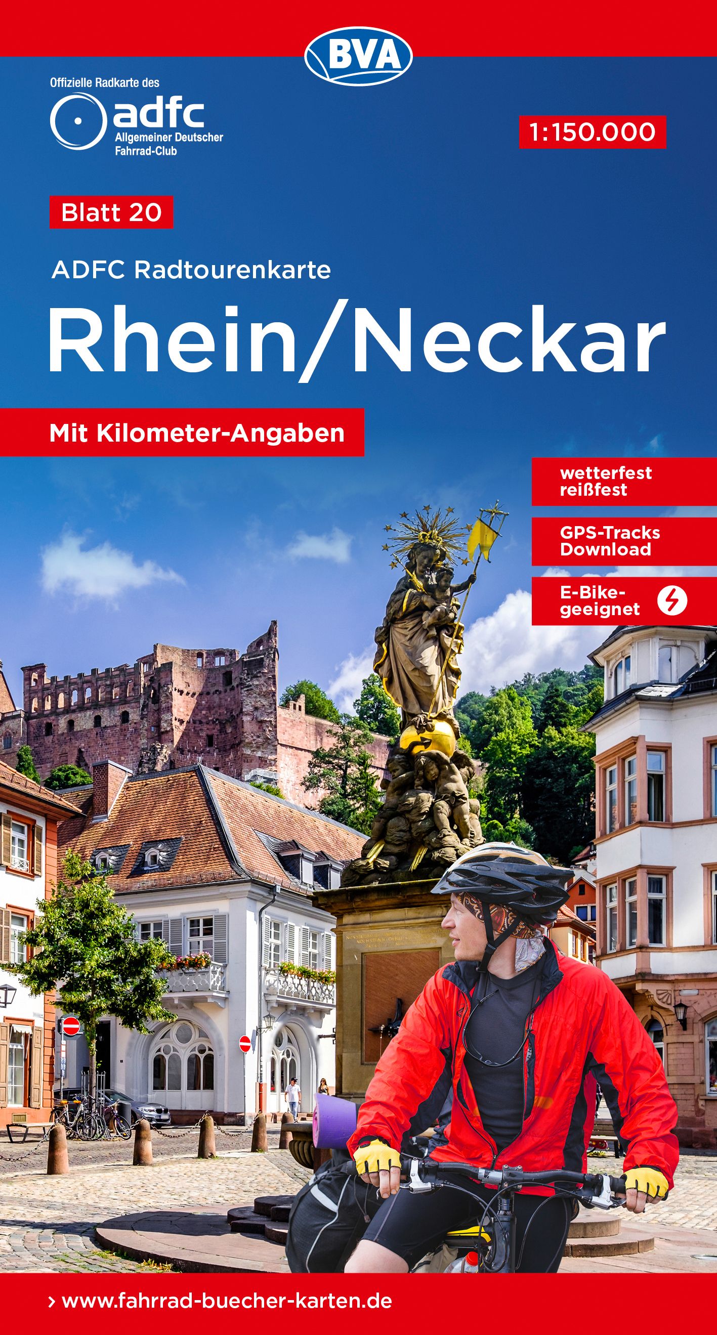 9783969901168 ADFC-Radtourenkarte 20 Rhein/Neckar, Frau auf Fahrrad mit Altstadt im Hintergrund