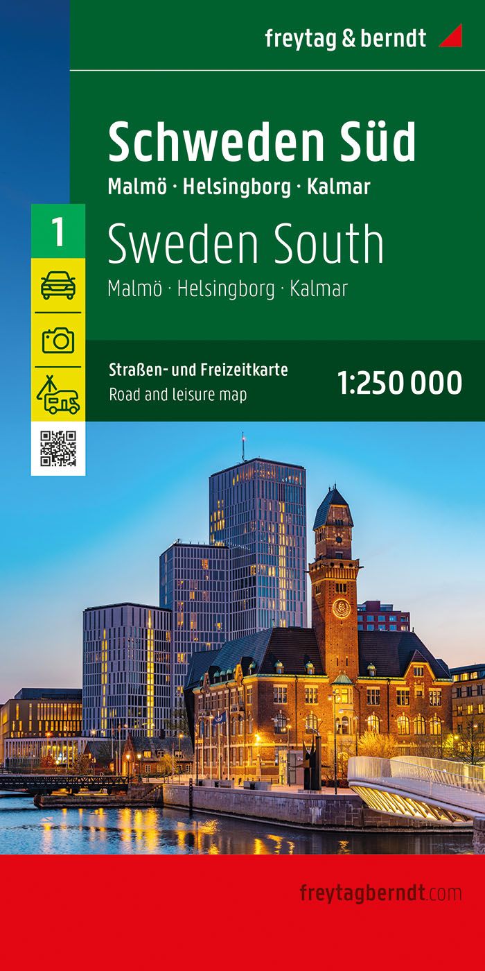 Schweden Süd, Straßen- und Freizeitkarte, f&b Werbung, Plakat, Stadt, Uhrenturm, Uferpromenade,