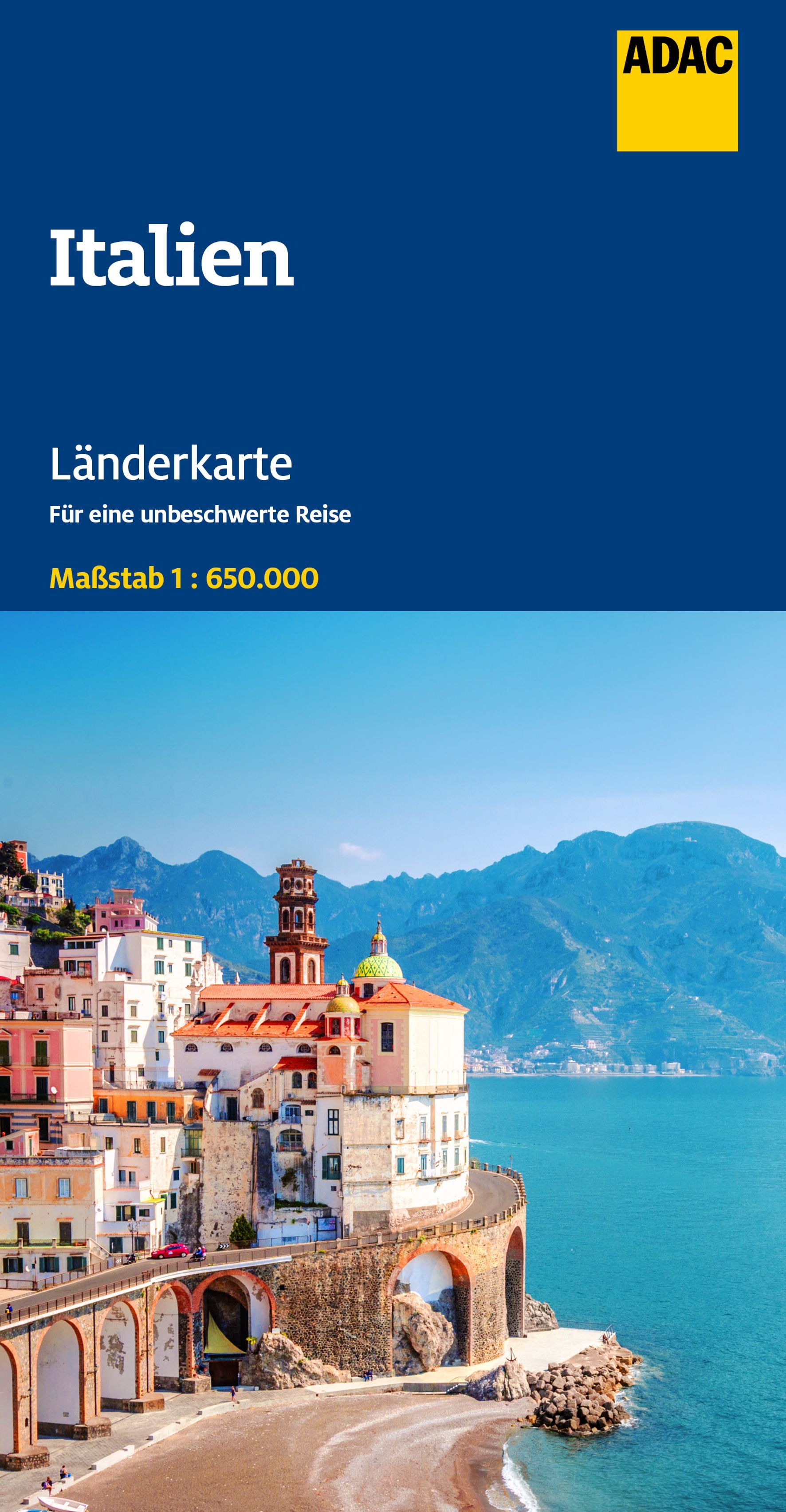 ADAC Länderkarte Italien 1:650.000 Cover ADAC Länderkarte Italien. Küstenstraße mit Häusern am Wasser