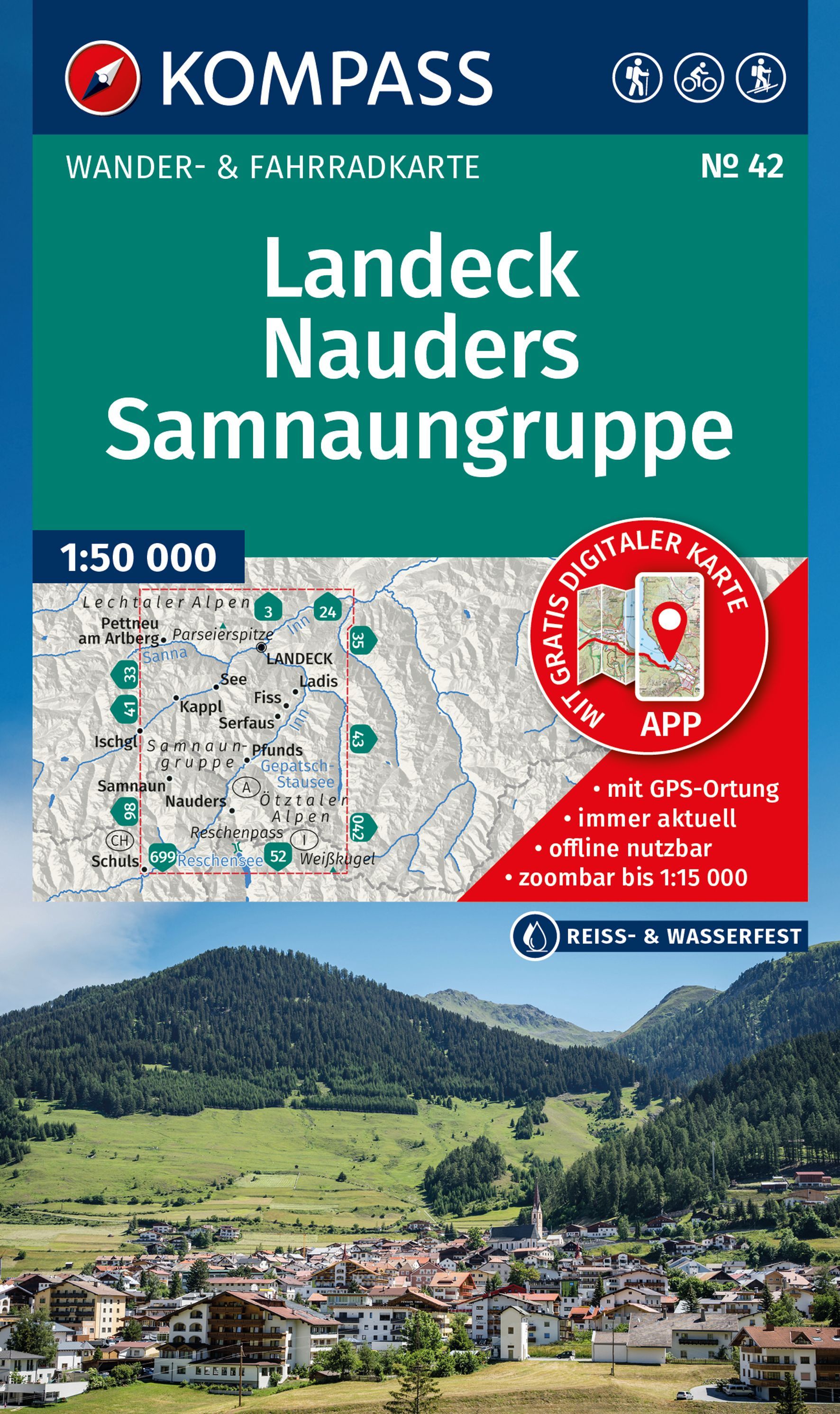 KOMPASS Wanderkarte 42 Landeck,Nauders,Samnaungr. Werbung, Plakat, Draußen, Gebäude, Gipfel