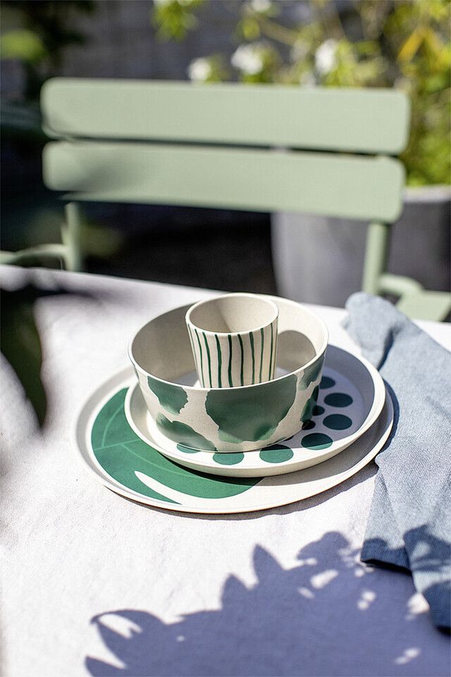 Teller, Schale, Becher, Geschirrset, grünes Muster