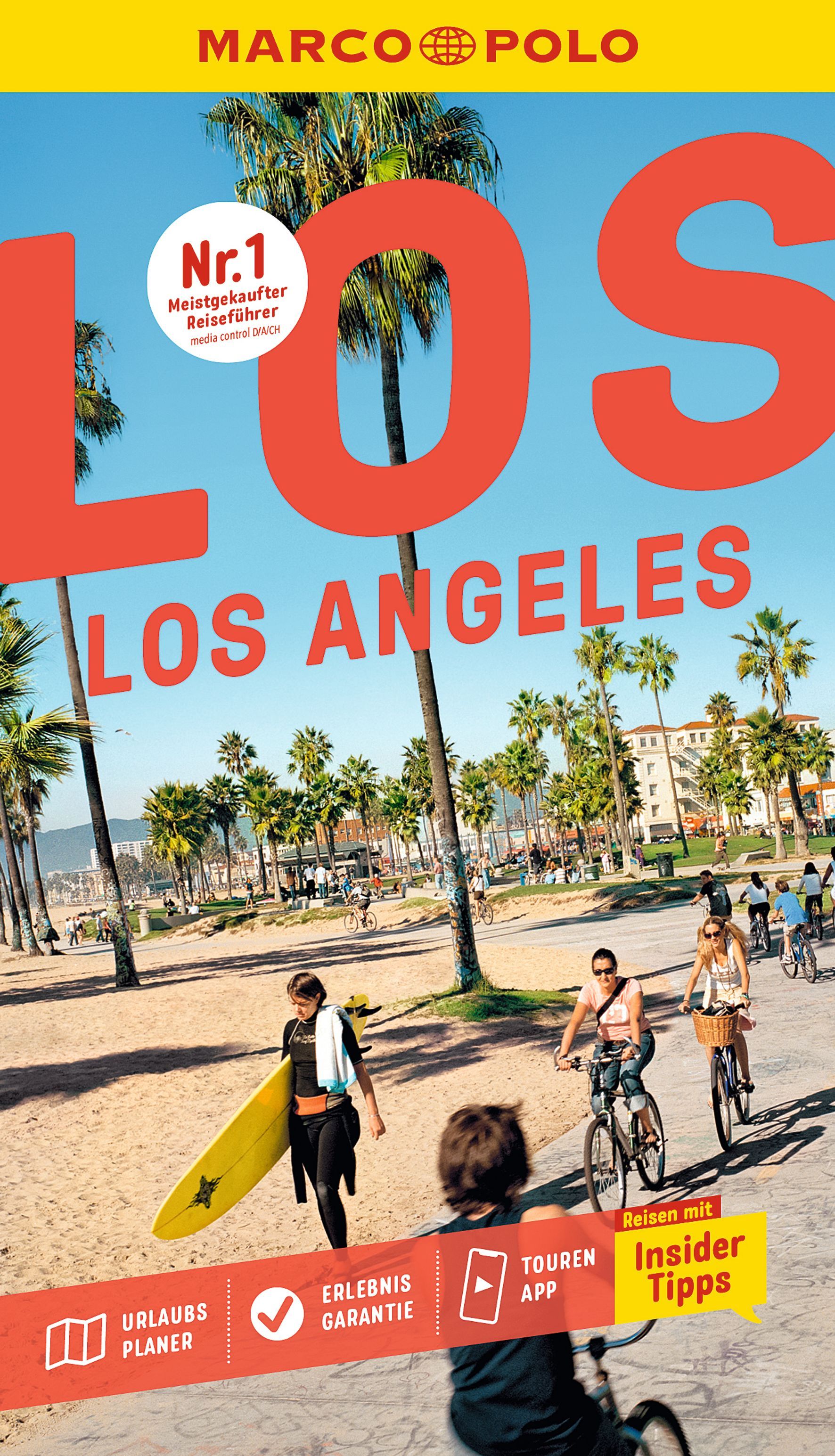 los angeles, reiseziel, surfer-auf-surfboard, strand, palmen