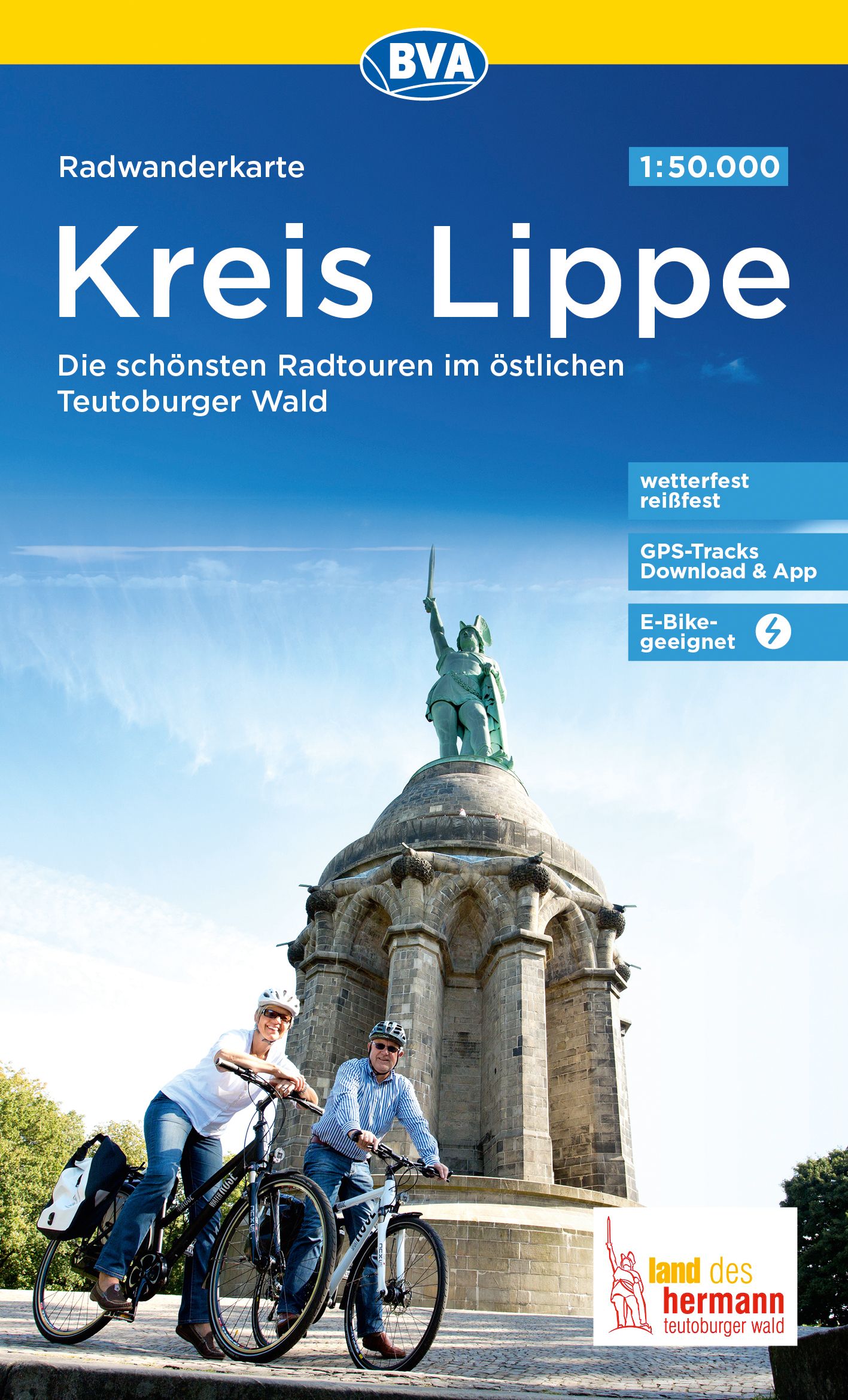 9783969901281 Radwanderkarte BVA Kreis Lippe, Cover 2 Radfahrer vor Säulen mit Statue darauf vor blauem Himmel