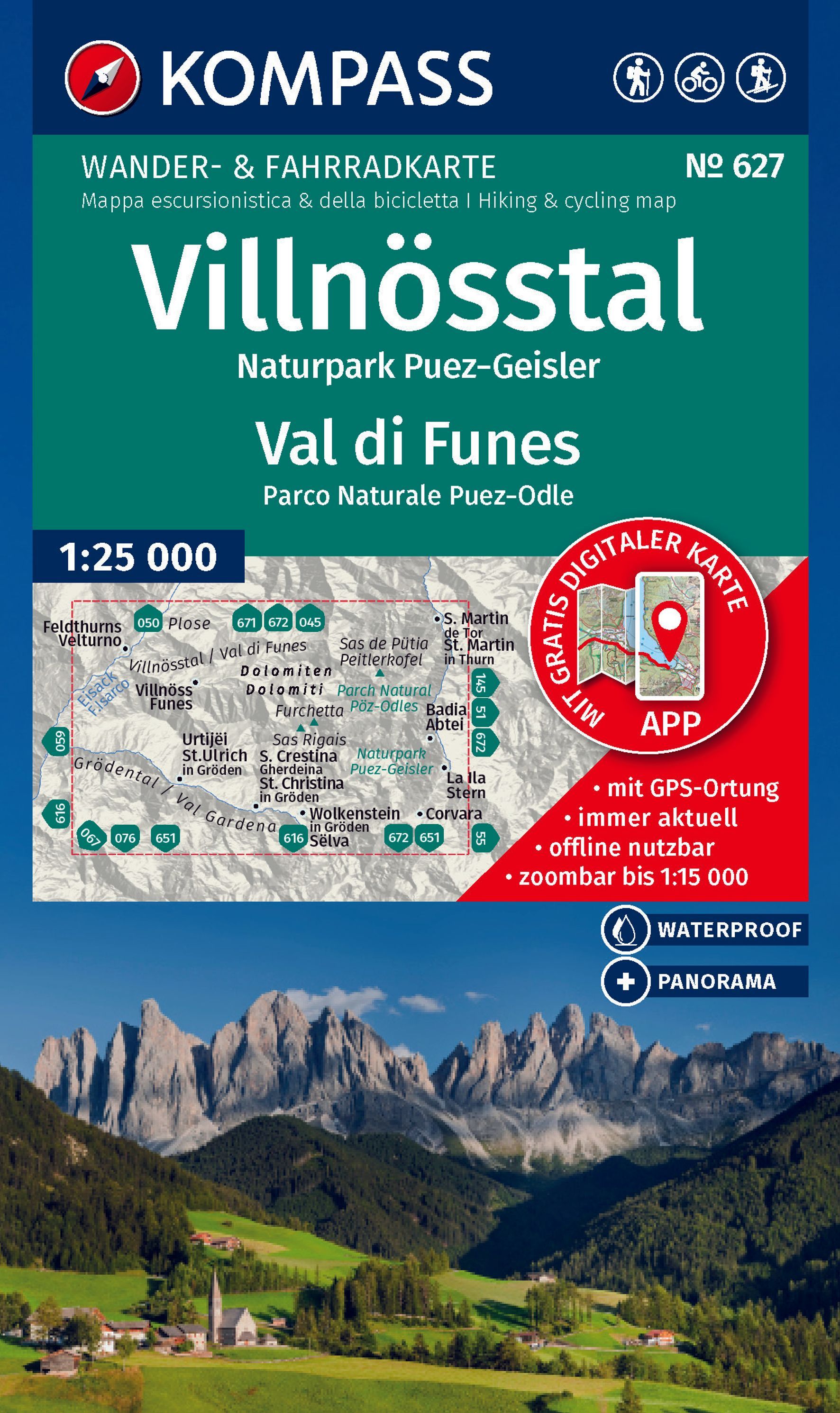 KOMPASS Wanderkarte 627 Villnösstal / Val di Funes Werbung, Plakat, Natur, Draußen, Gipfel