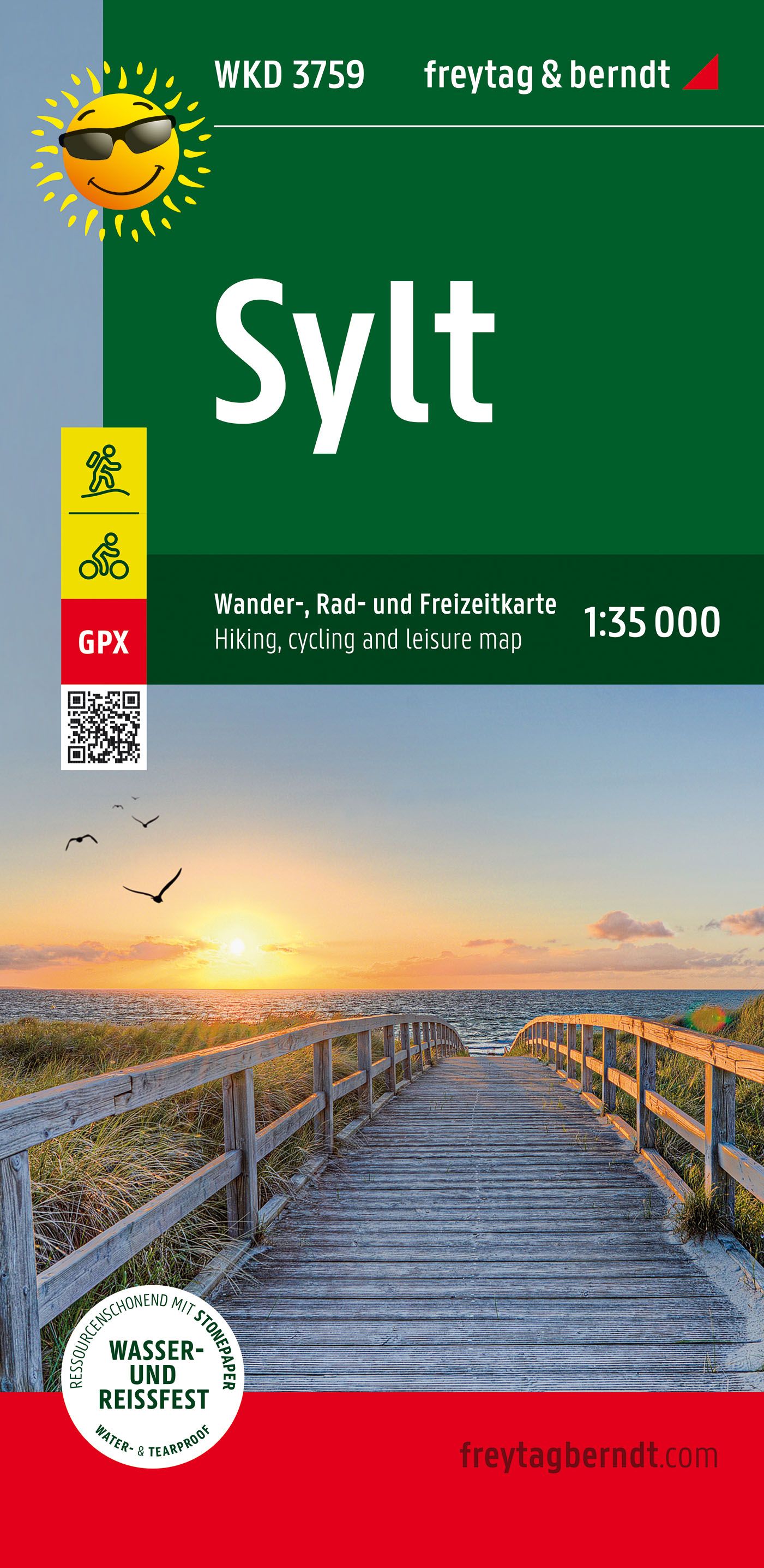 9783707918991 Sylt, Wander- und Radkarte, Cover Steg führt zum Meer mit Sonnenuntergang