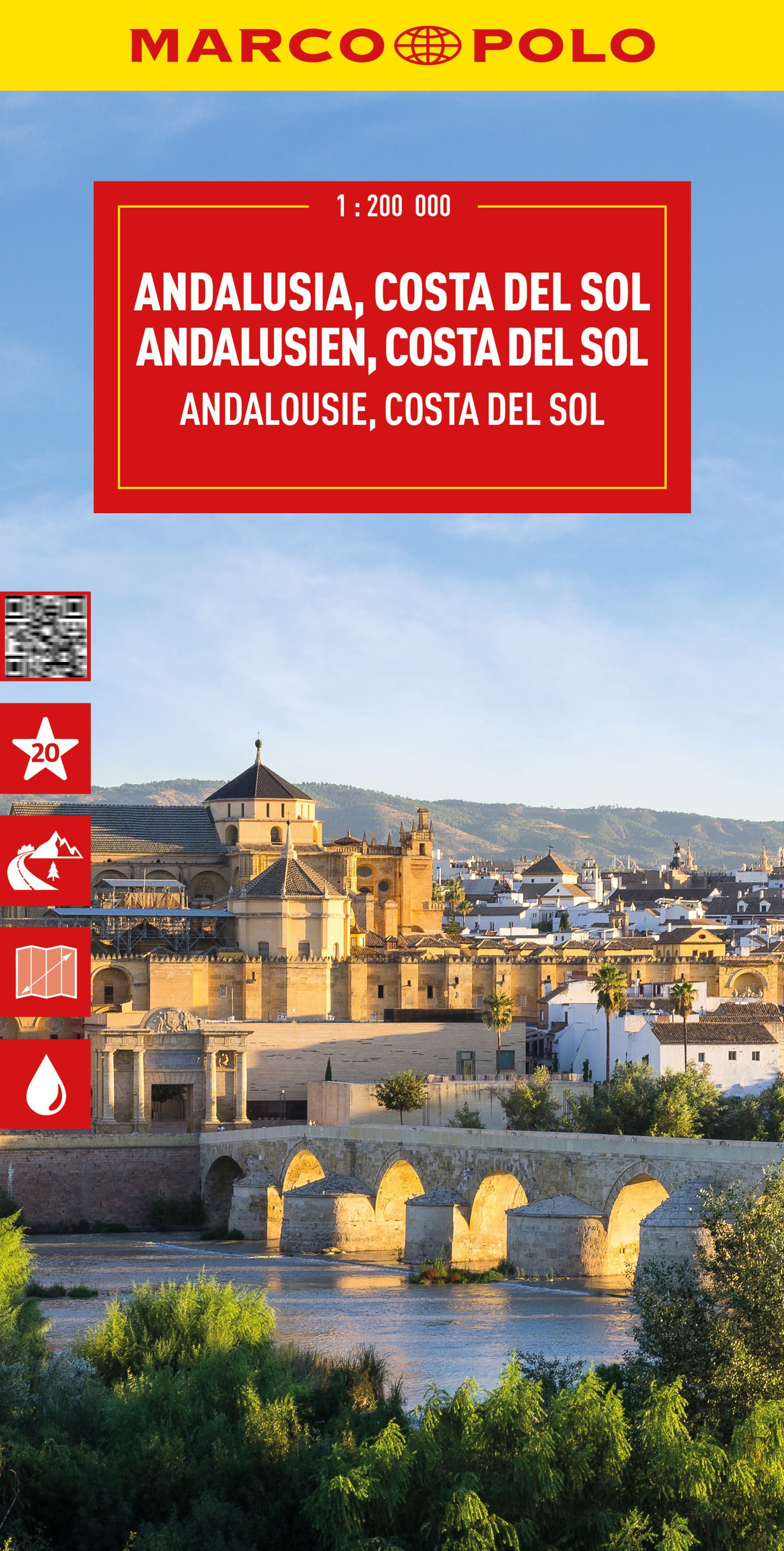 MARCO POLO Reisekarte Andalusien, Costa del Sol Werbung, Plakat, Wasser, Uferpromenade, Turmspitze, Werbung, Plakat, Wasser, Uferpromenade, Turmspitze,
