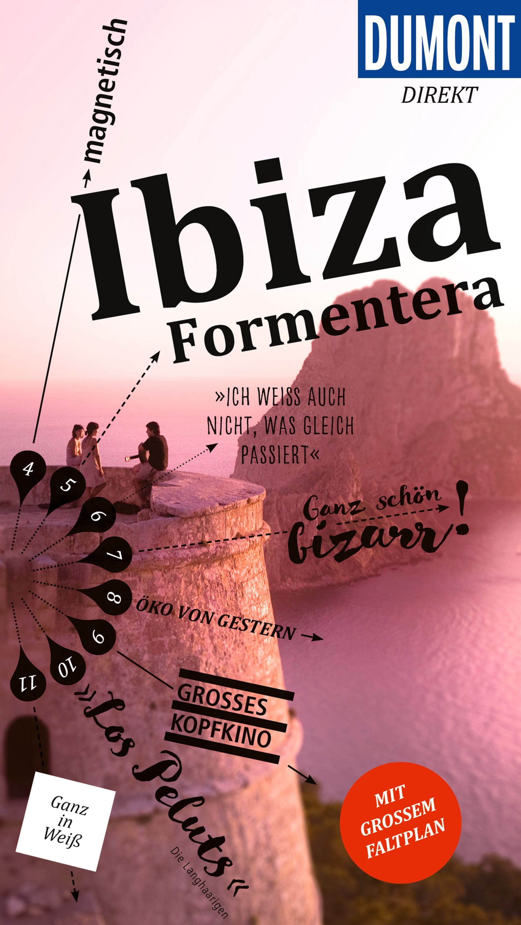 DuMont direkt Reiseführer Ibiza, Formentera Cover Dumont Direkt Reiseführer Ibiza, Formentera. Felsen im Meer. Licht rosafarben