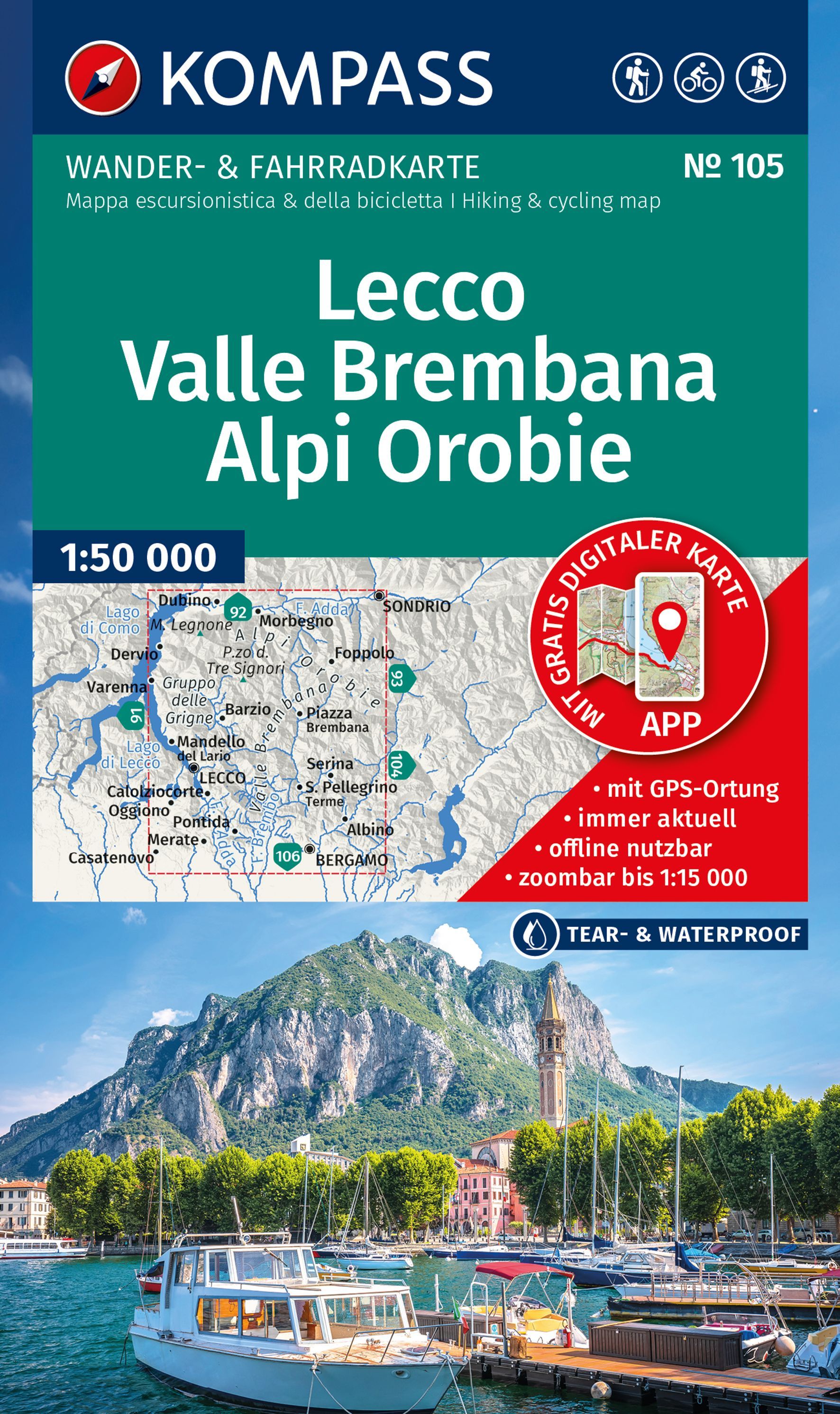 KOMPASS Wanderkarte 105 Lecco, Valle Brembana Uferpromenade, Werbung, Jacht, Plakat, Hafen