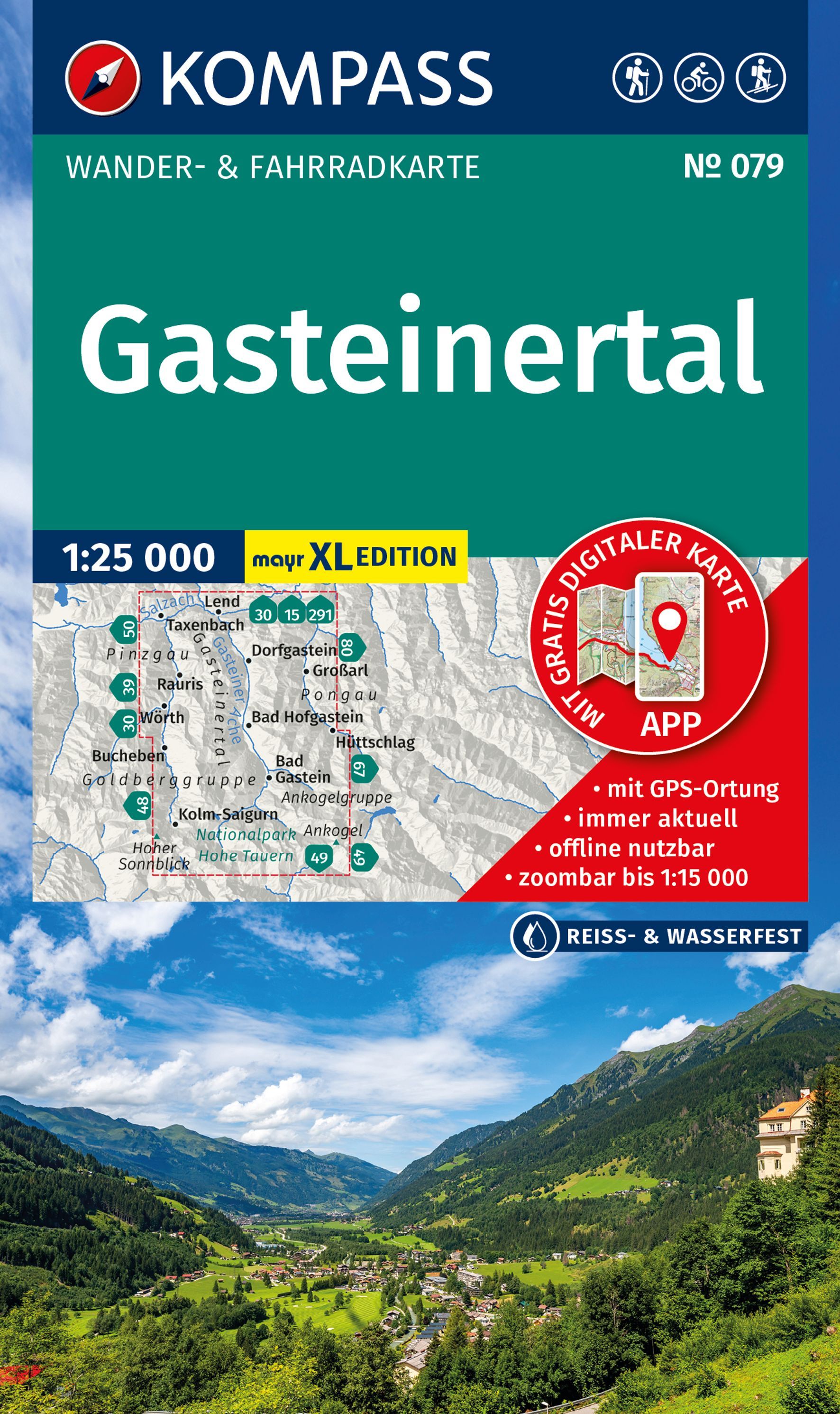 KOMPASS Wanderkarte 079 Gasteinertal 1:25.000 Cover Bergige grüne Landschaft und Himmel