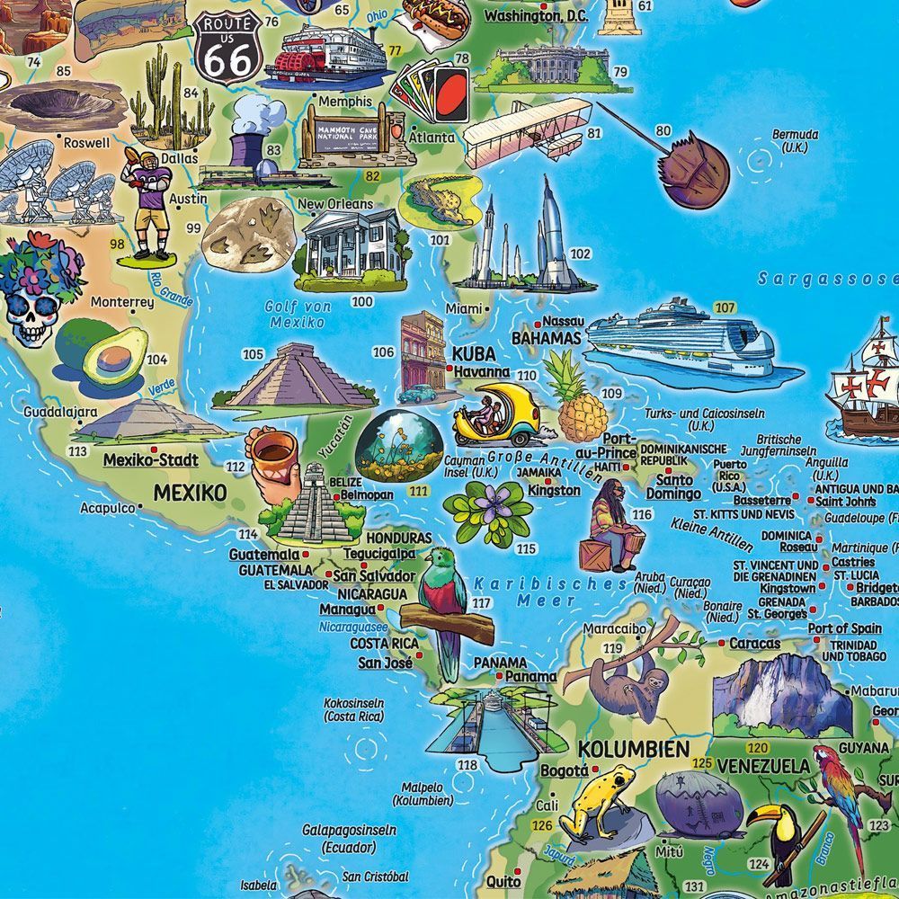 Karte, Amerika, Küstenkarte, Reiseillustration, Strandurlaub