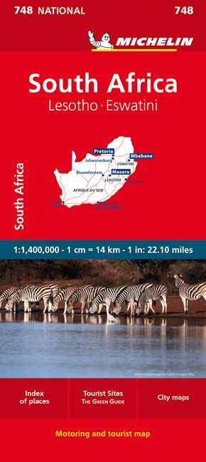 9782067259898 Michelin Nationalkarte Südafrika, Cover rot mittig Wasserstelle mit Zebras