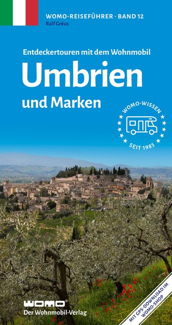 9783869031248 Entdeckertouren mit dem Wohnmobil Umbrien & Marken, Cover Gebirge mit blauem Himmmer