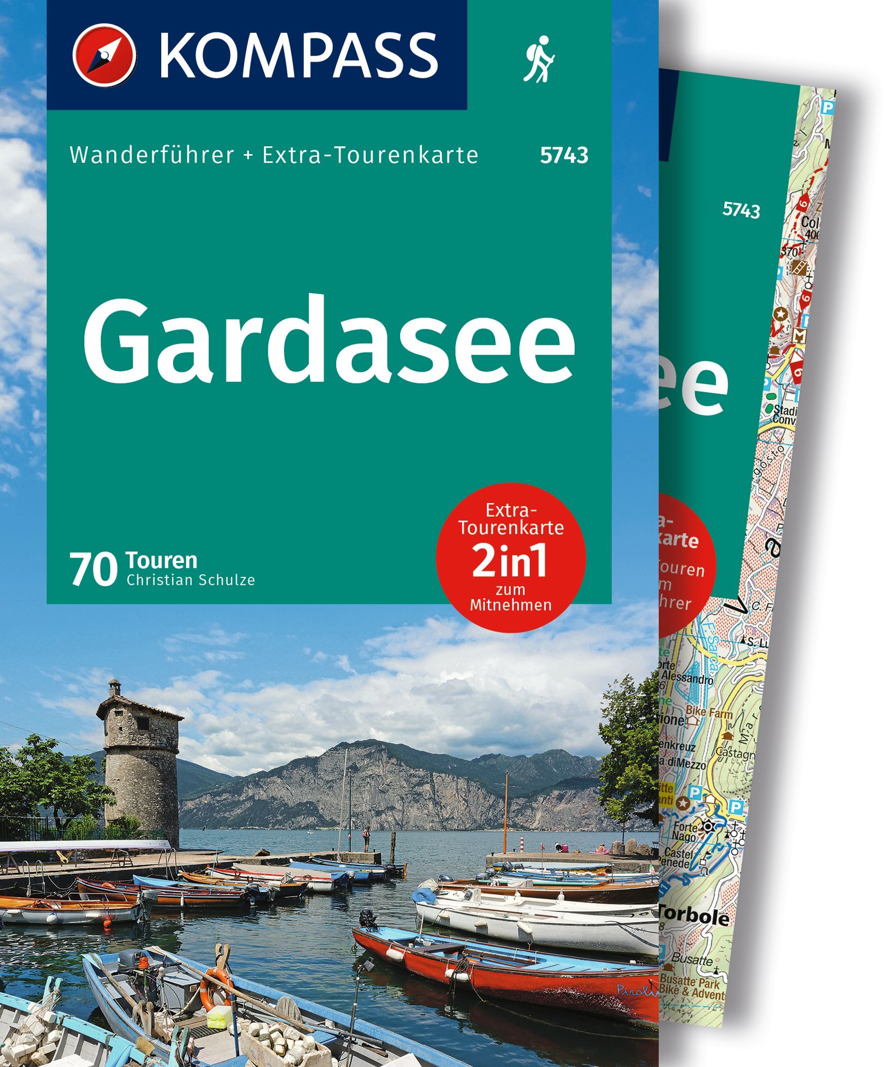 KOMPASS Wanderführer Gardasee, 70 Touren Werbung, Plakat, Uferpromenade, Hafen, Boot,