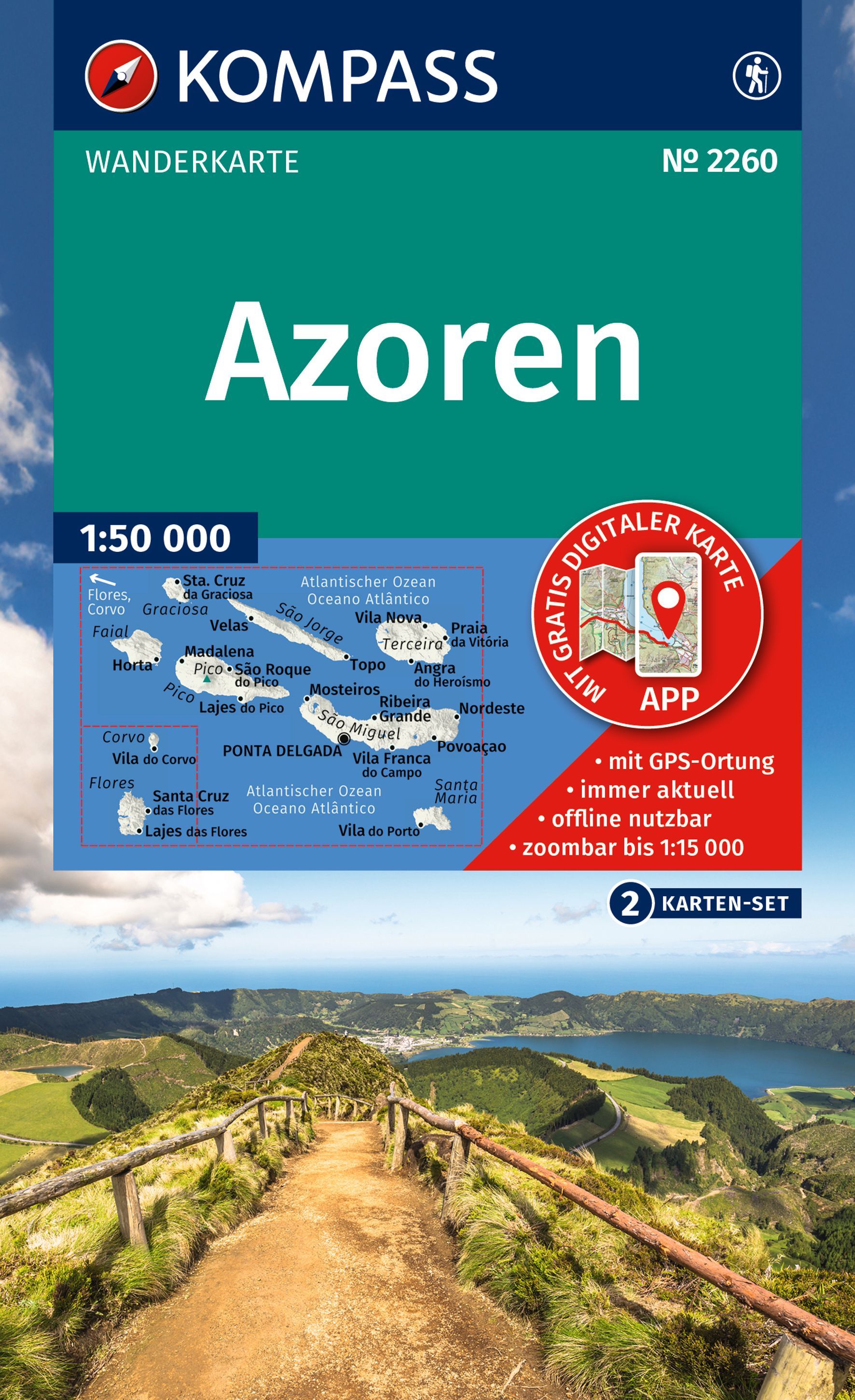 KOMPASS Wanderkarten-Set 2260 Azoren (2 Karten) Cover Werbung, Plakat, Pfad, Draußen, Natur