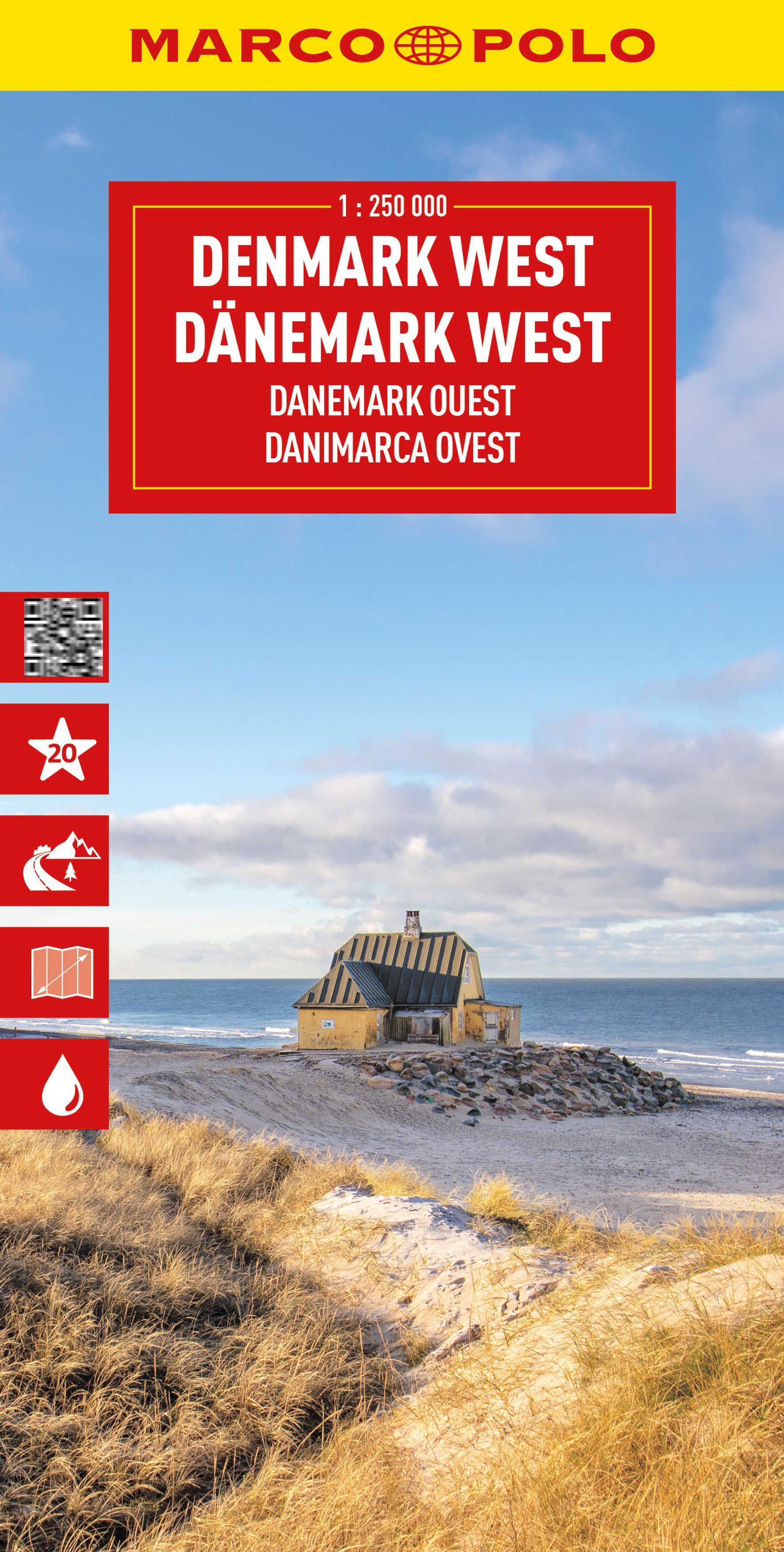 MARCO POLO Reisekarte Dänemark West 1:225.000 Cover Marco Polo Reisekarte Dänemark West. Hütte am Meer und Dünen