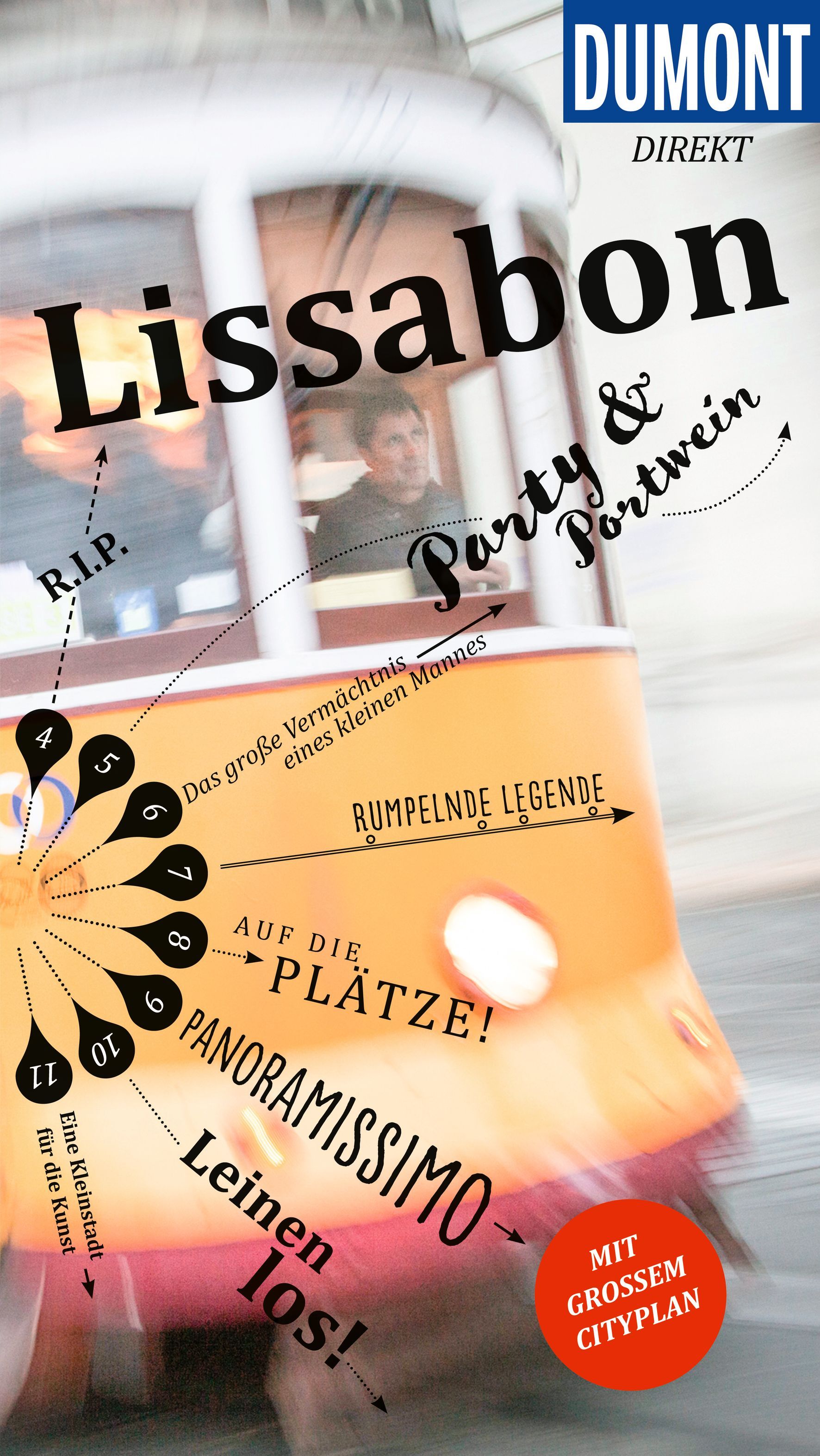 DuMont direkt Reiseführer Lissabon Cover Dumont Reiseführer direct Lissabon. Straßenbahn gelb und weiß